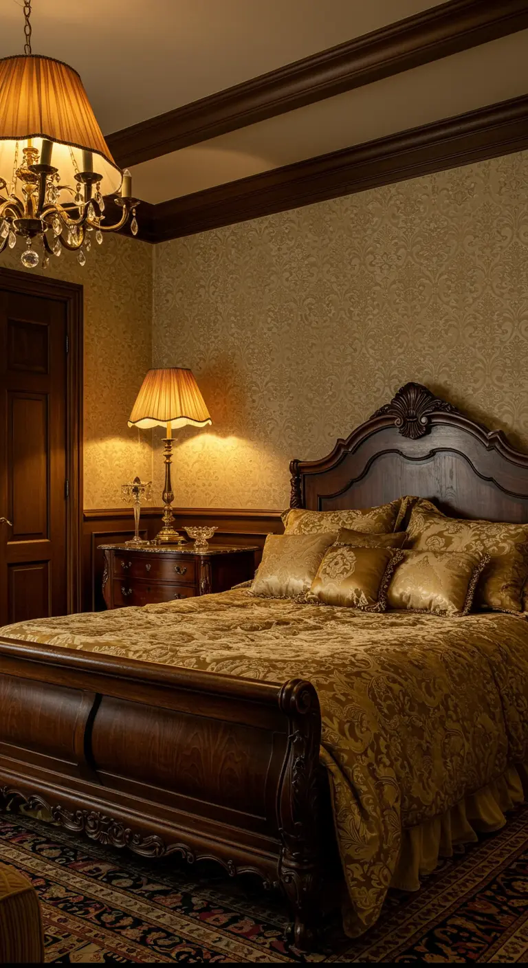 Weelderige slaapkamer met donkerhouten bed en gouden stoffen.