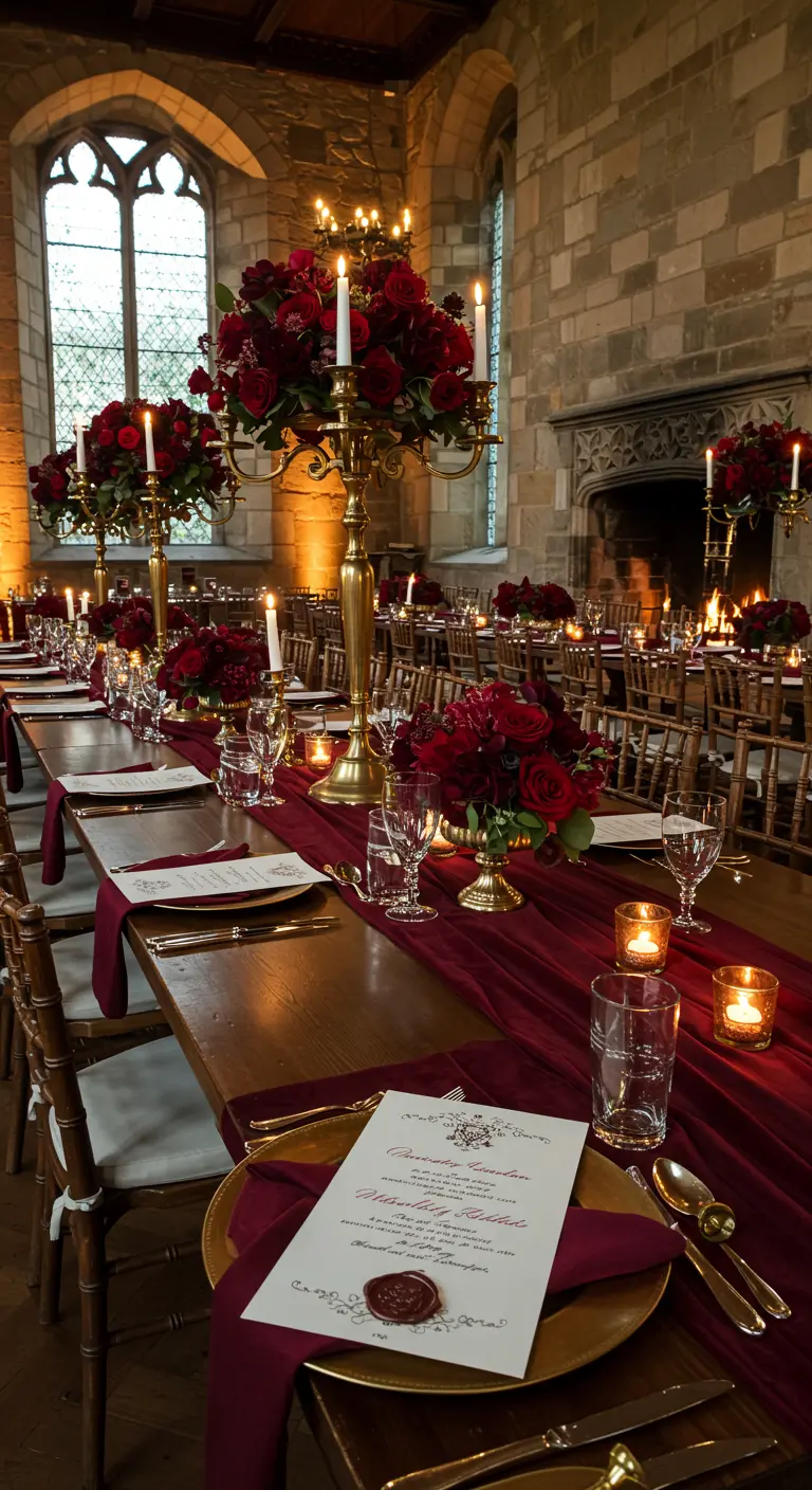 Castle wedding with red velvet runner, burgundy flowers, gold candelabras, and wax seal menu.