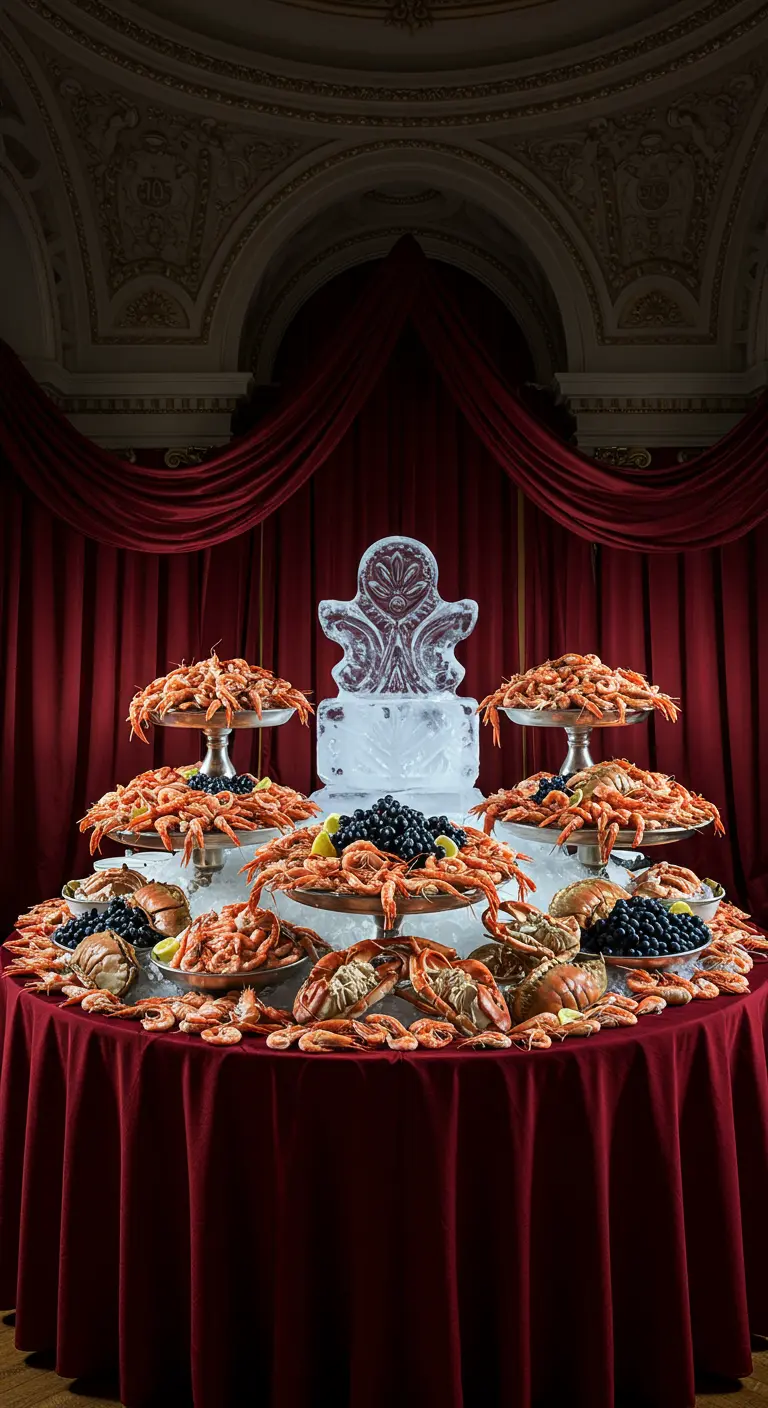 Luxe buffet met garnalen op etagères en een ijssculptuur in het midden.