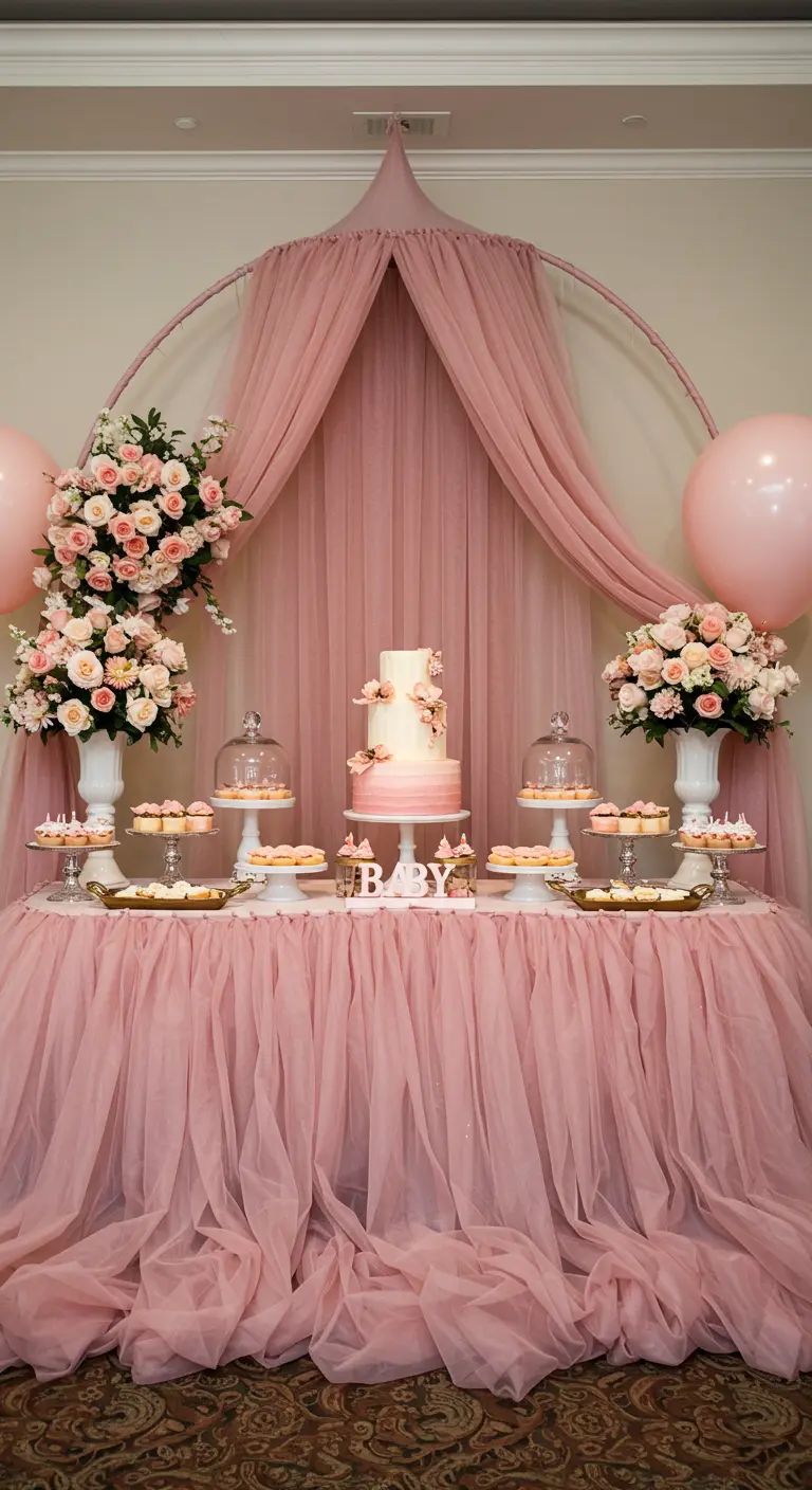 Een roze tule baldakijn boven een desserttafel met een grote babyshowertaart.