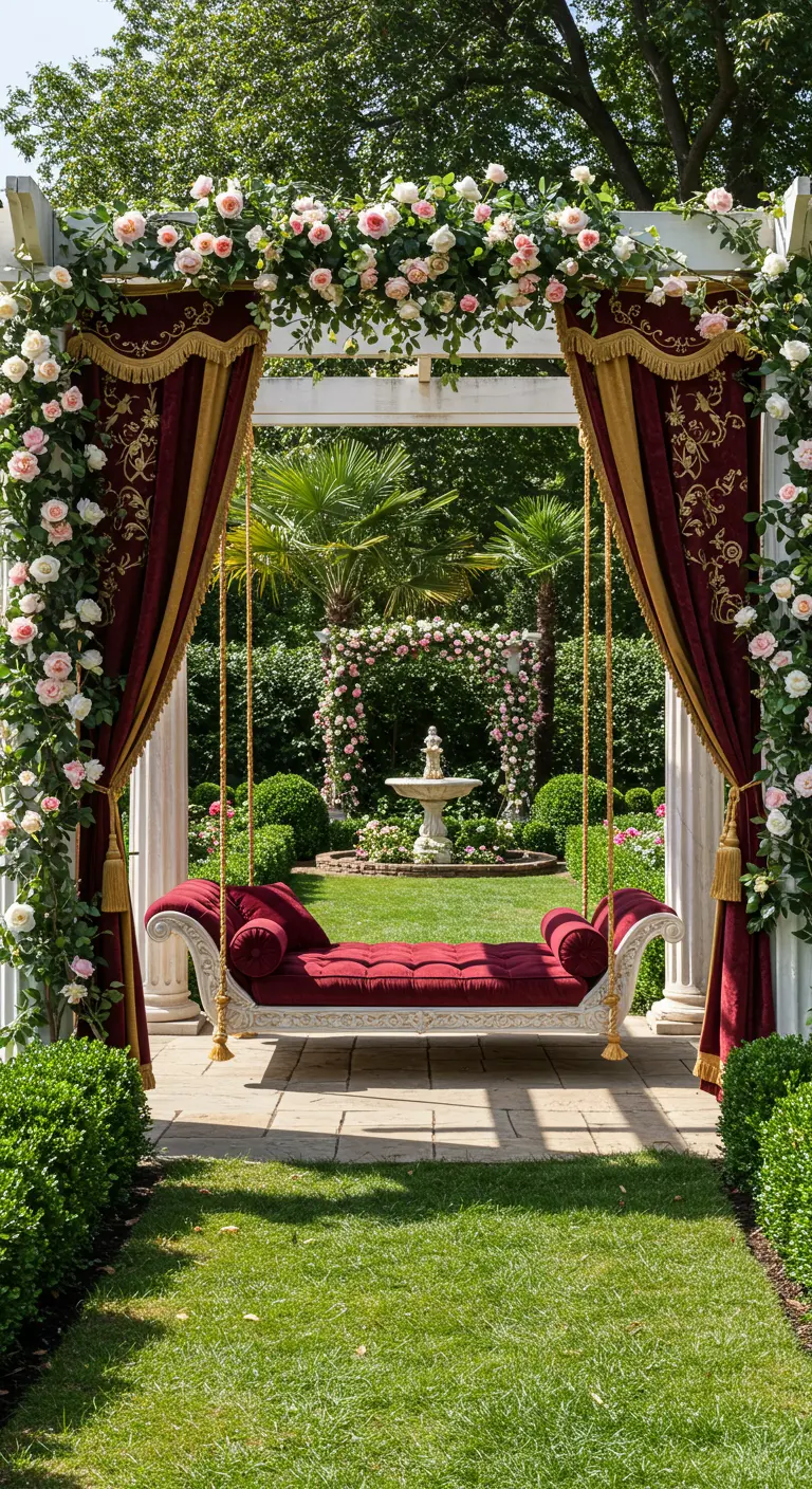 Sierlijke rode fluwelen zwevende chaise longue onder een witte pergola met rode gordijnen en rozenbogen in een formele tuin.