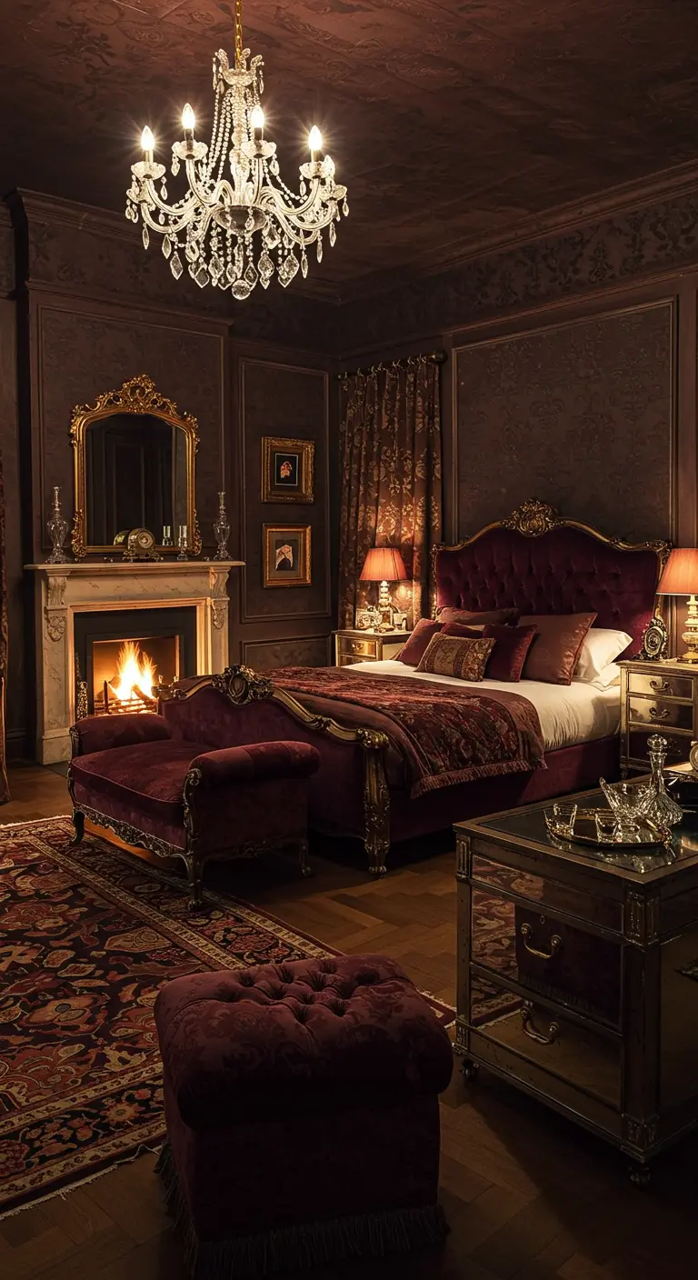 Luxueuze slaapkamer in bordeauxrood met klassieke meubels, open haard en grote kristallen kroonluchter.