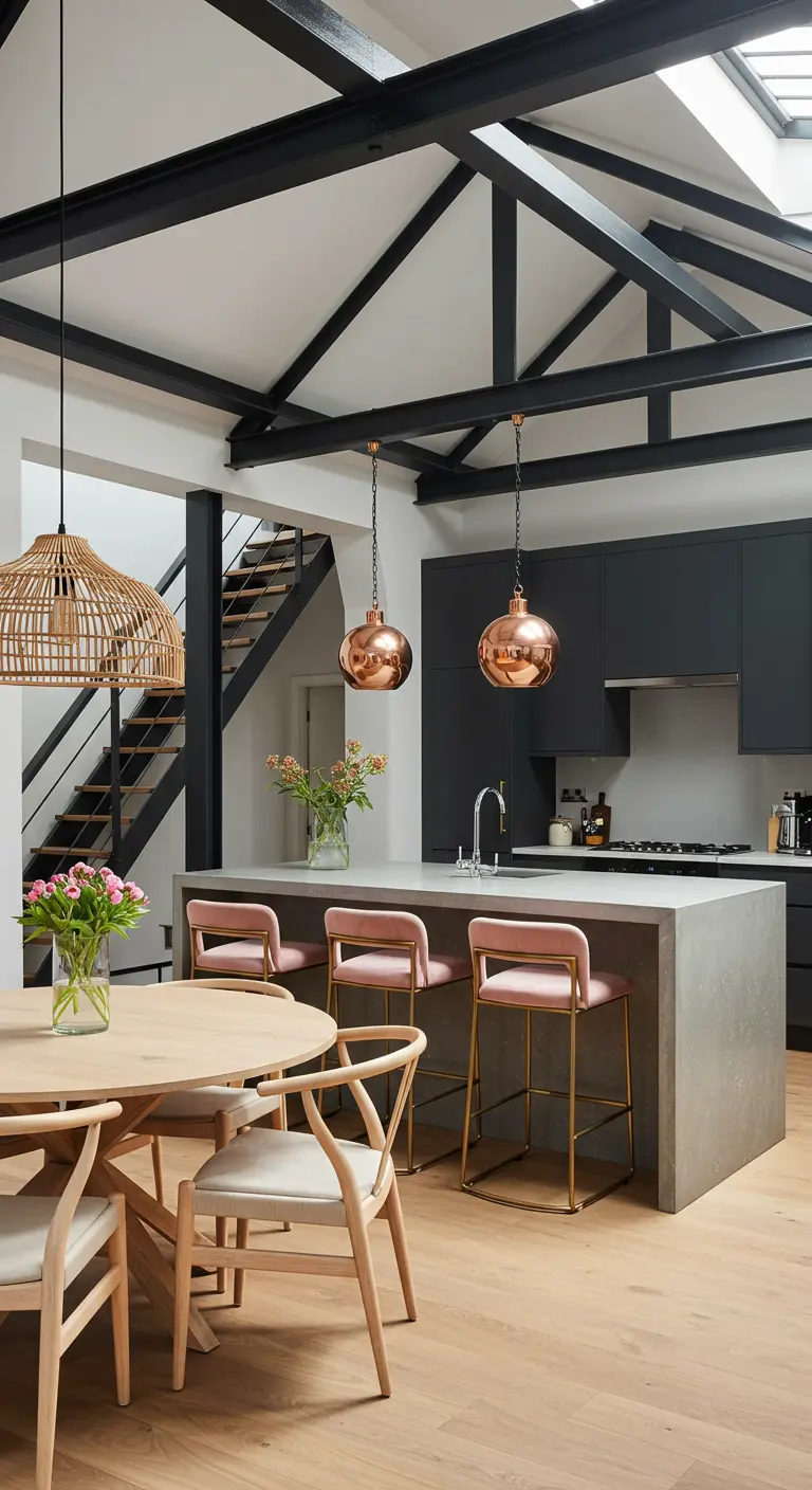 Open keuken met zwarte balken, betonnen eiland, koperen lampen en roze fluwelen barstoelen.
