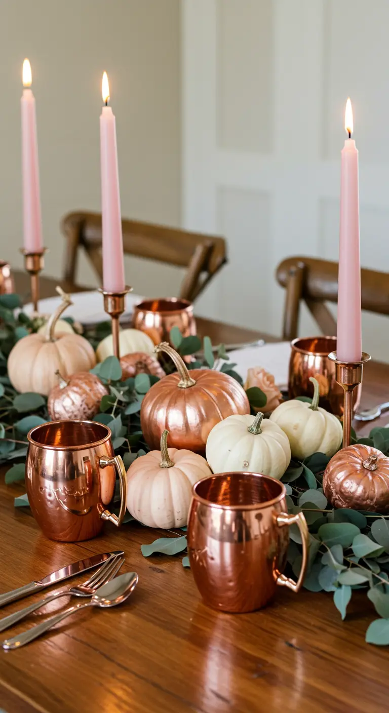 Tafel met koperen mokken, roze kaarsen en pompoenen op een eucalyptus guirlande.