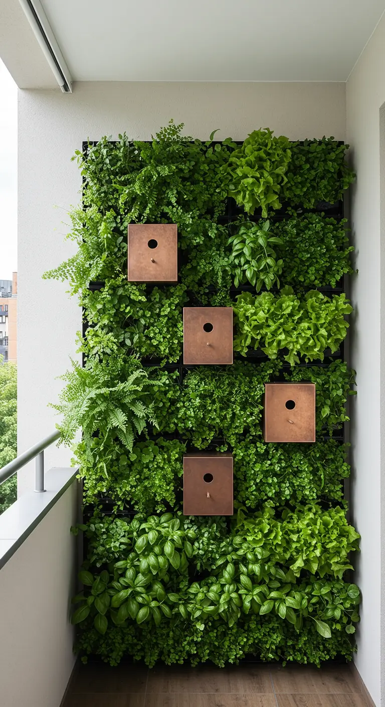Vierkante koperkleurige vogelhuisjes geïntegreerd in een verticale kruidentuin op een balkon.
