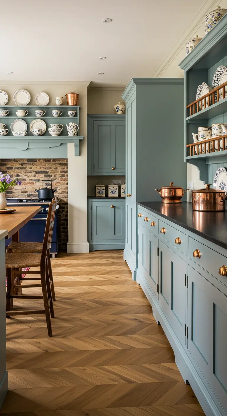 Blauwgrijze keuken met een bakstenen nis waarin koperen pannen staan.