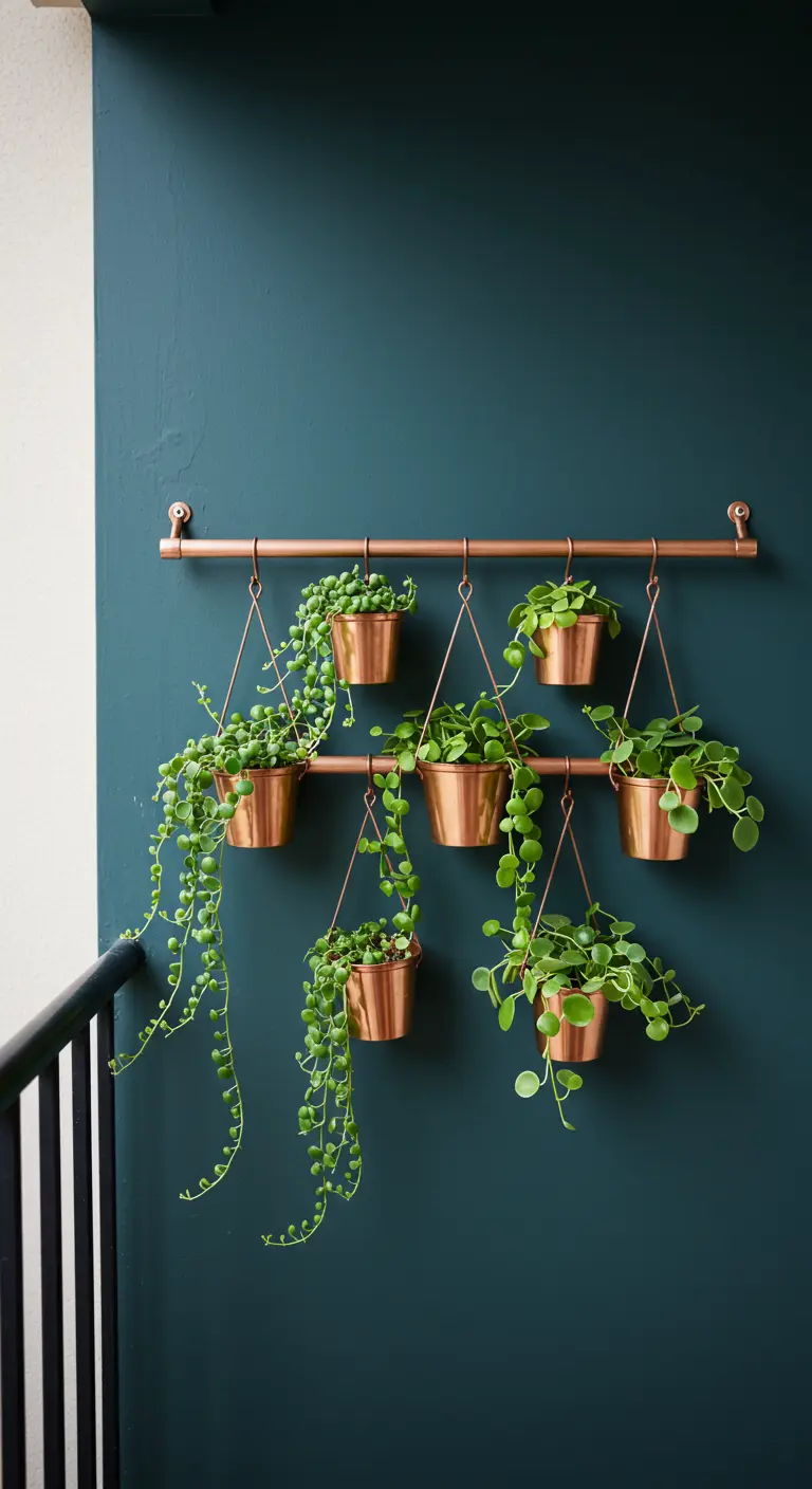 Hangende planten in koperen potjes aan een koperen stang, tegen een donkergroene muur.