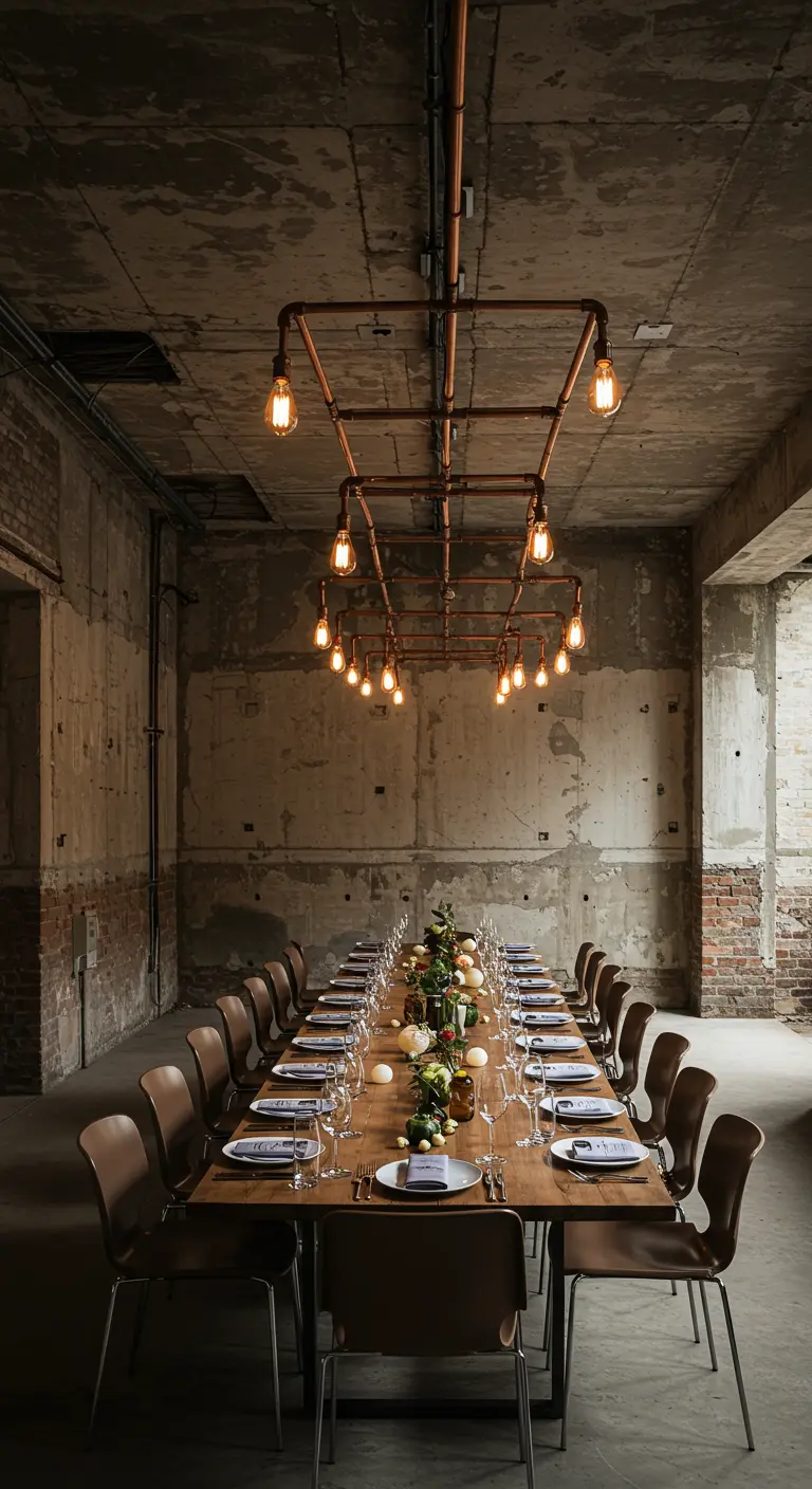 Lange eettafel in een rauwe betonnen ruimte met een plafondinstallatie van koperen buizen.