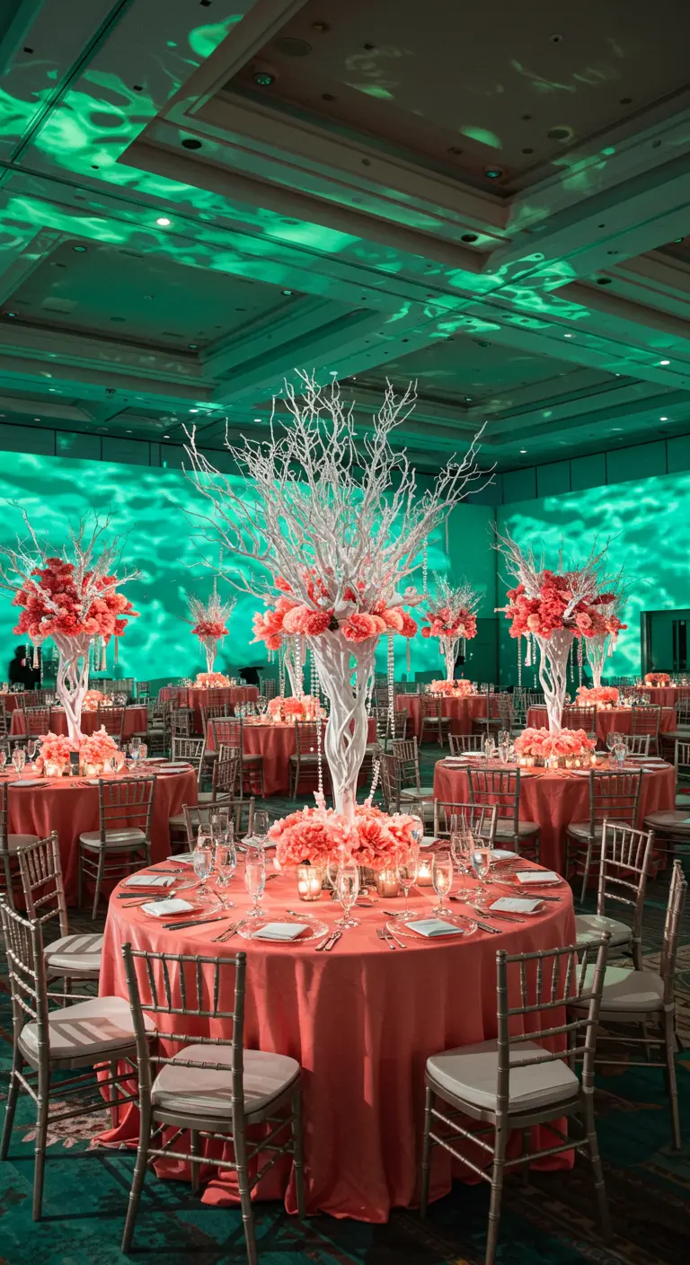 Feestzaal met ronde tafels met koraalrode kleden en hoge centerpieces van witte takken.