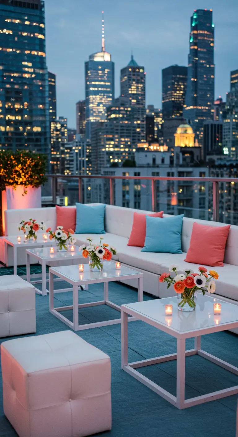 Rooftop lounge met witte banken, koraal- en turquoisekleurige kussens, en uitzicht op een stadsskyline.
