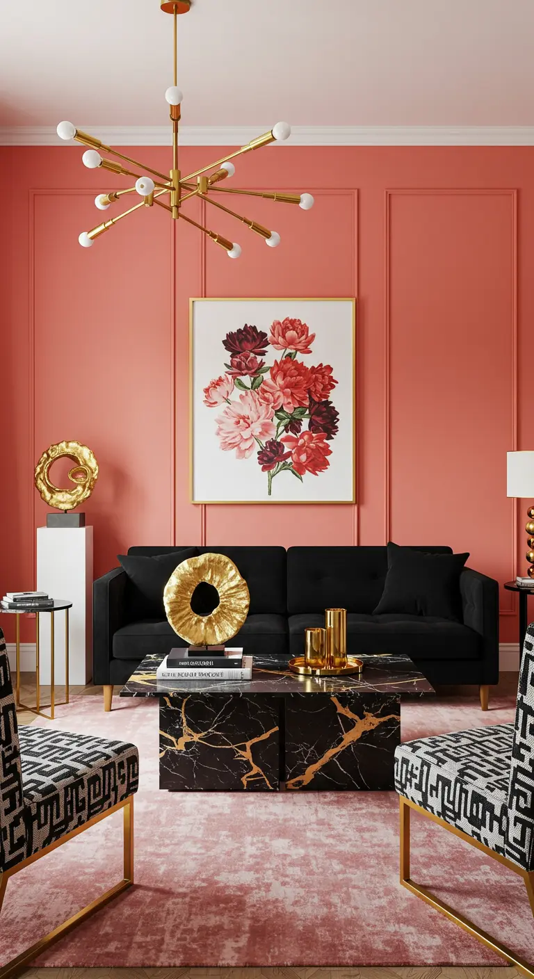 Woonkamer met koraalroze muren, een zwarte bank en een zwart-gouden marmeren tafel.