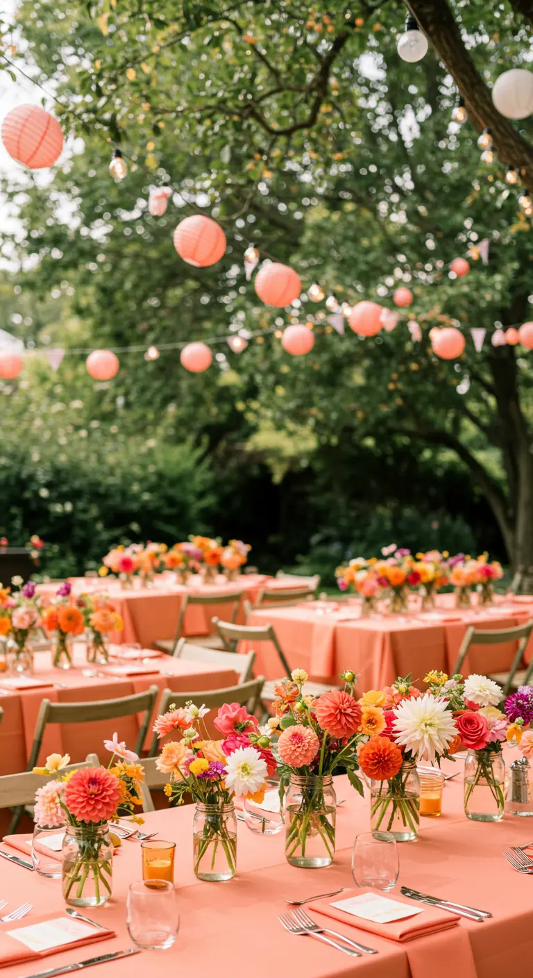 Tafels met koraalroze kleden, kleurrijke bloemvazen en roze lampionnen in de buitenlucht.