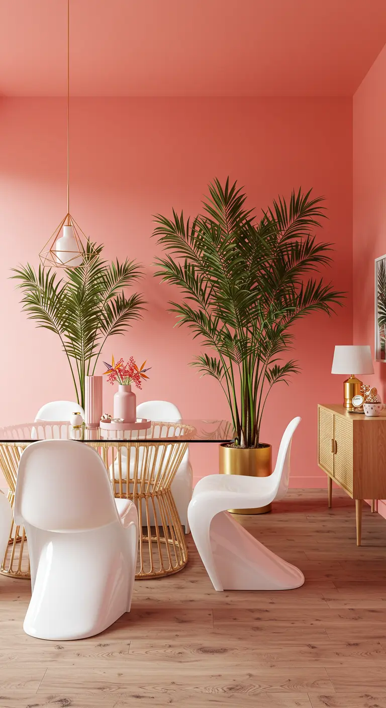 Moderne, vrolijke eetkamer met koraalroze muren, witte designstoelen en grote palmen.