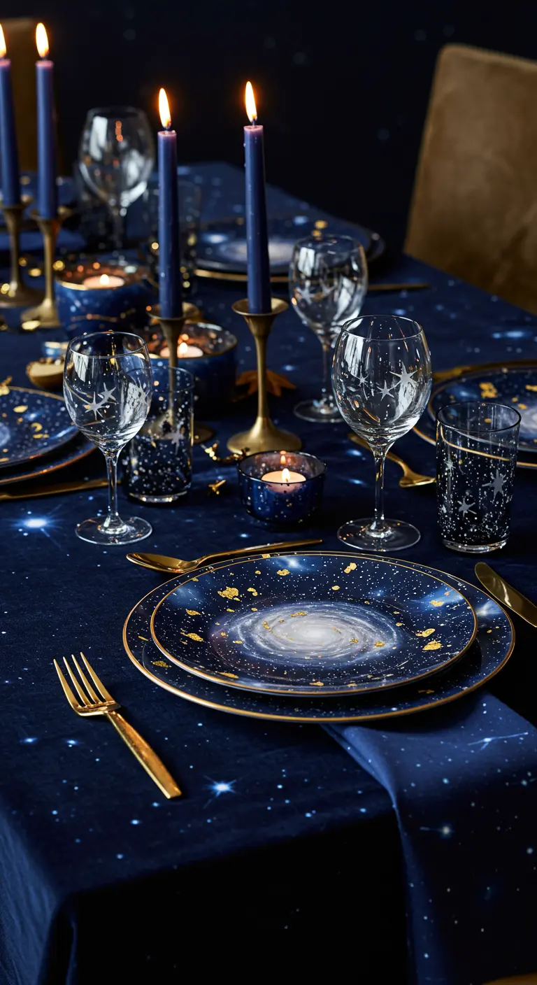 Donkerblauwe tafelsetting met servies en glazen met een galaxy- en sterrenprint.