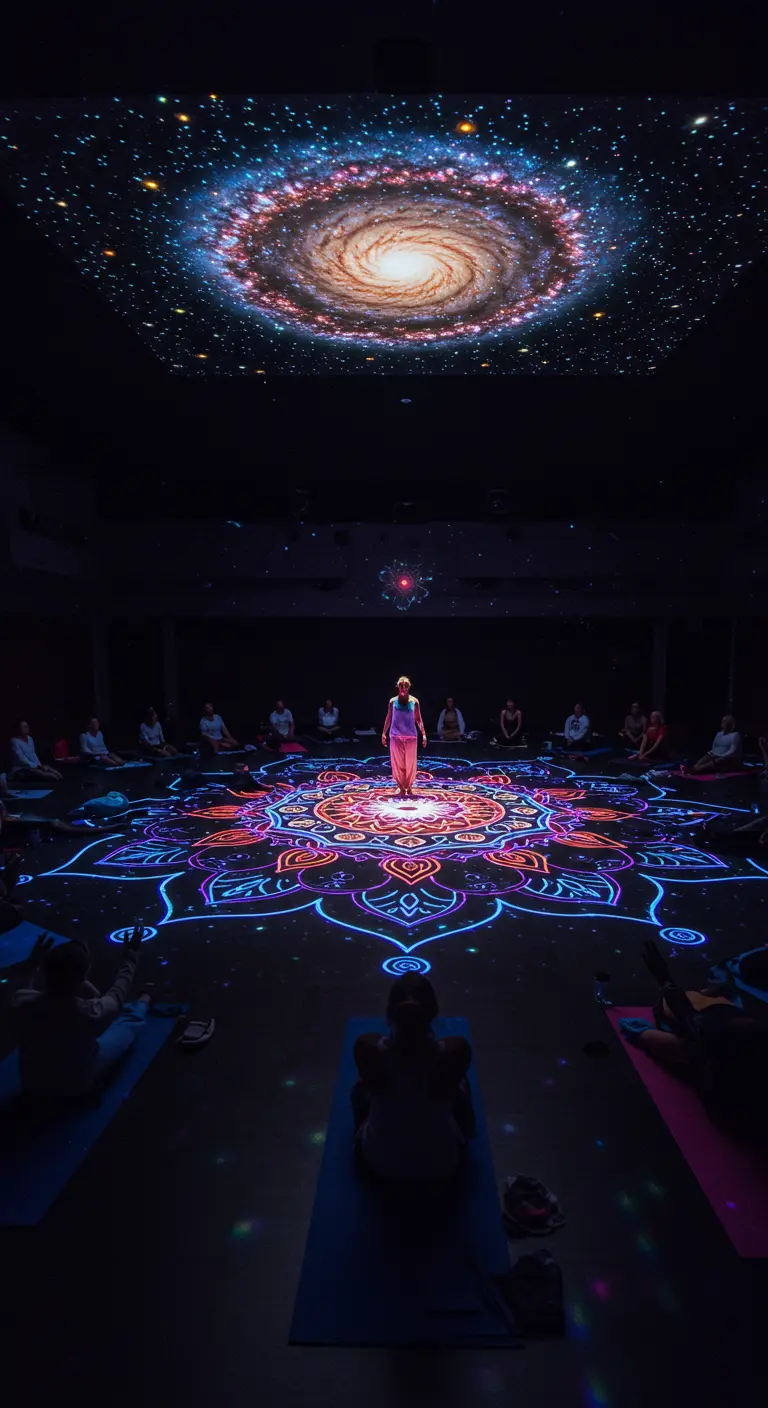 Yogales in het donker met projectie van een sterrenstelsel en mandala.