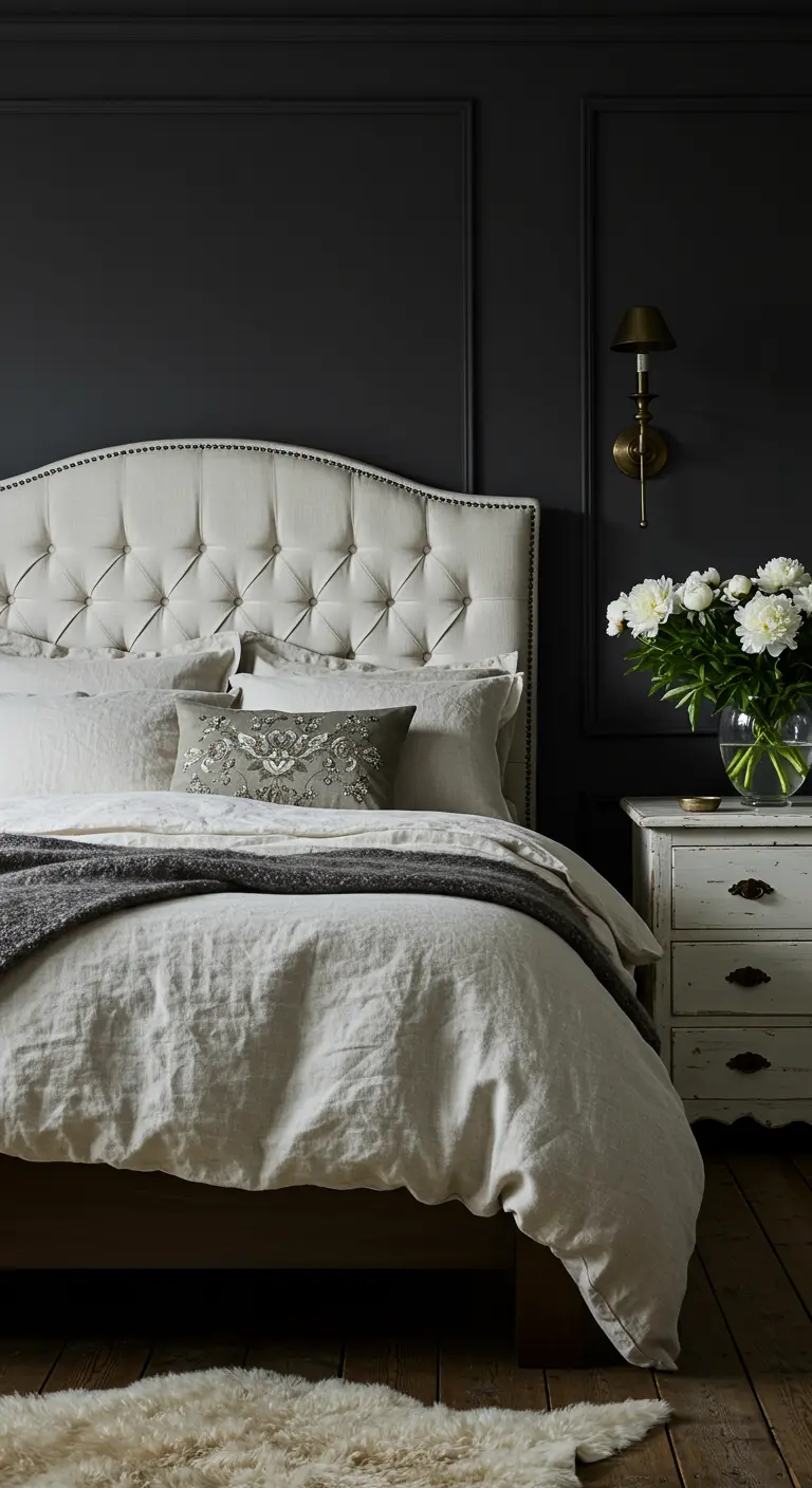 Slaapkamer met donkergrijze accentmuur, wit gestoffeerd bed en witte bloemen.