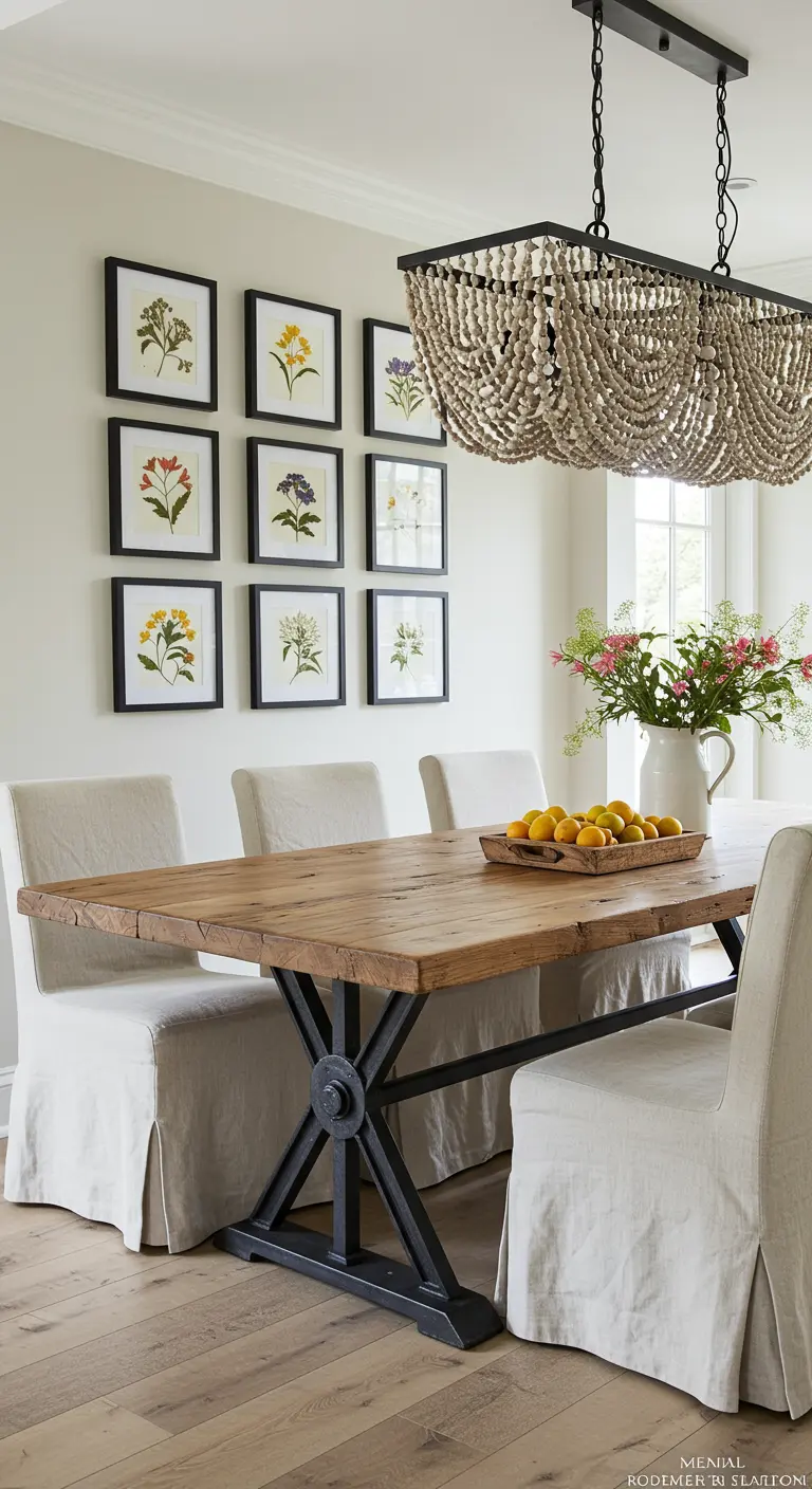 Eethoek met industriële tafel, linnen stoelhoezen, kralenlamp en een galerijwand met bloemenprints.