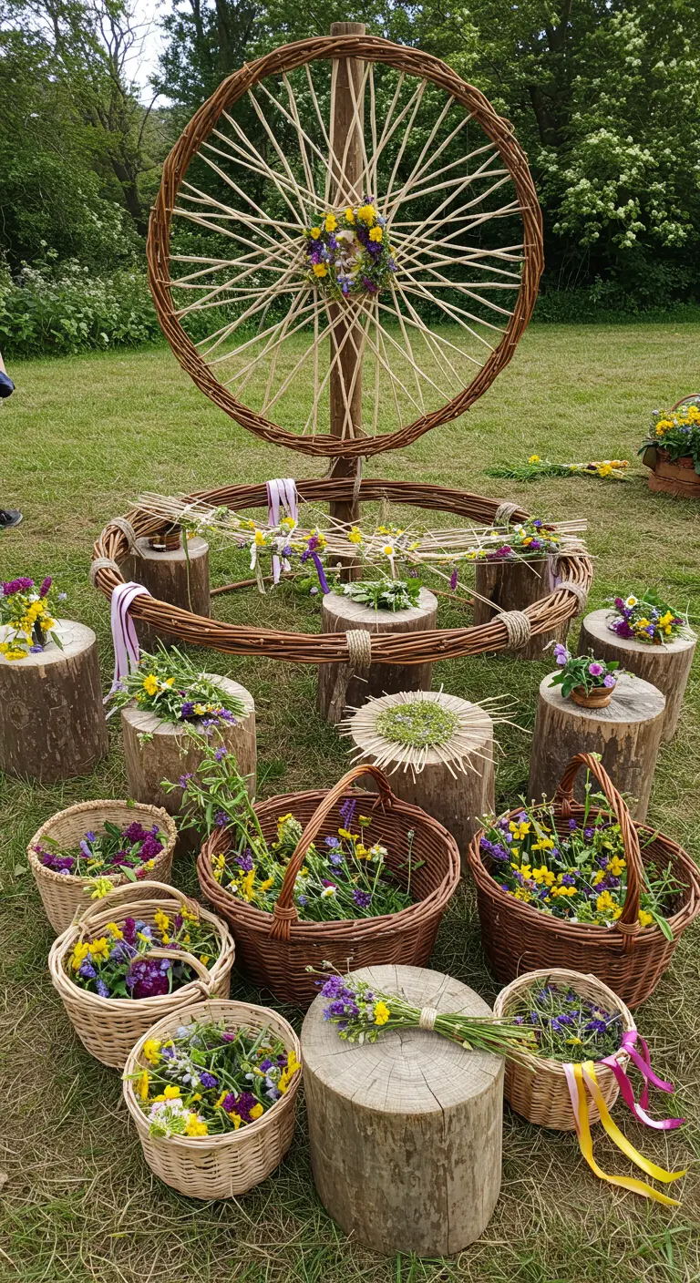 Workshop bloemenkransen maken met manden vol veldbloemen en boomstronken.