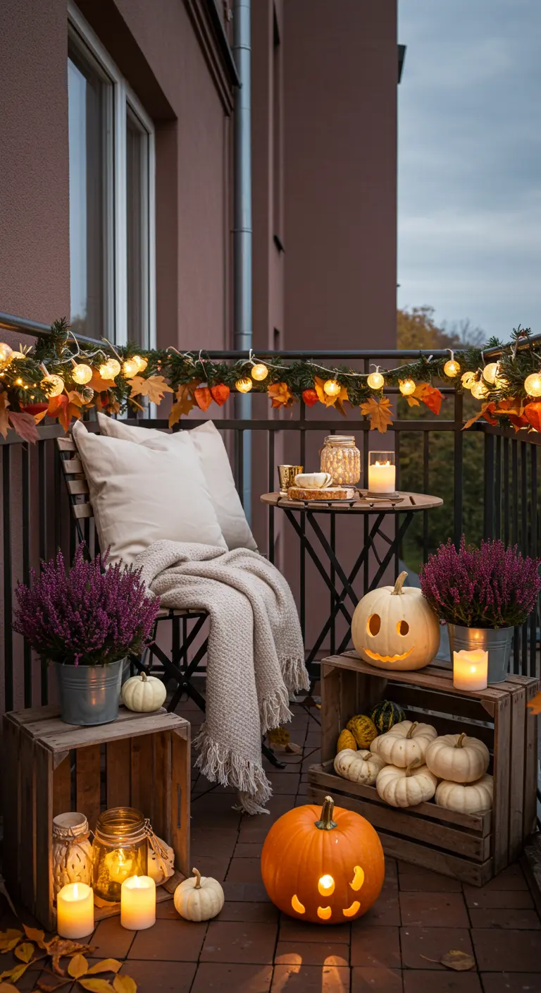 Sfeervol herfstbalkon met houten kistjes, pompoenen, kaarsen en een lichtslinger.