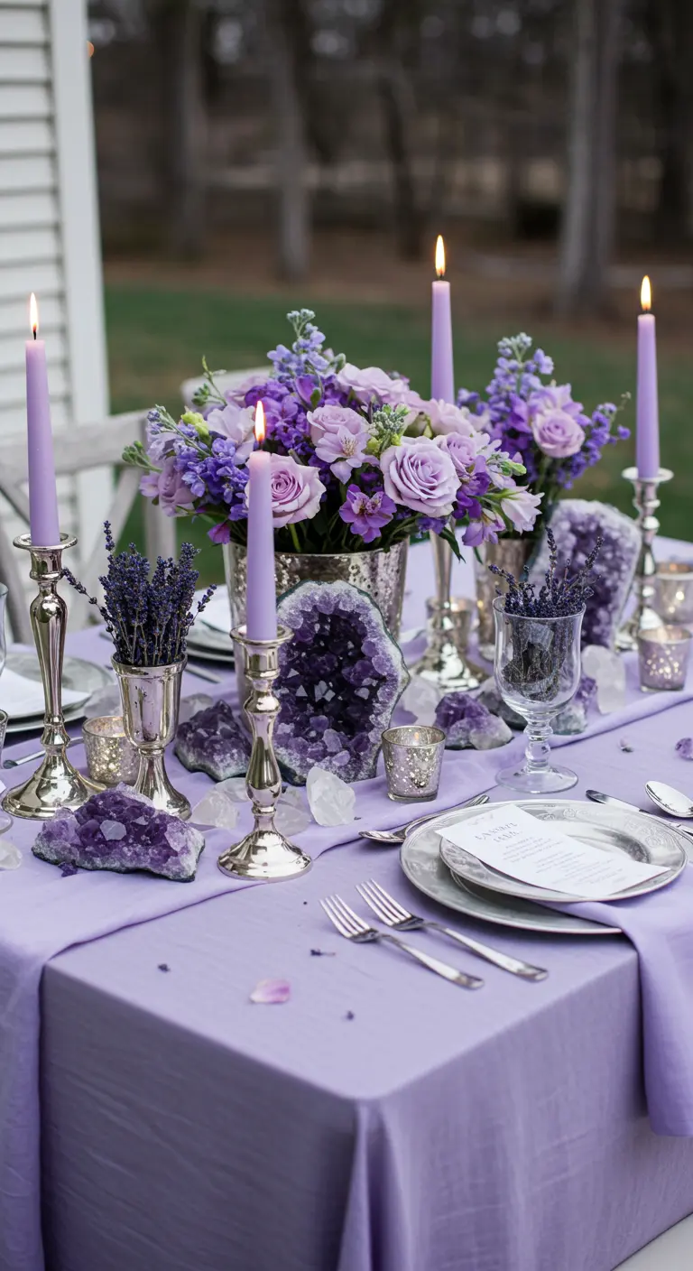 Paarse tafelsetting met lavendelkleurige bloemen en amethist kristallen.
