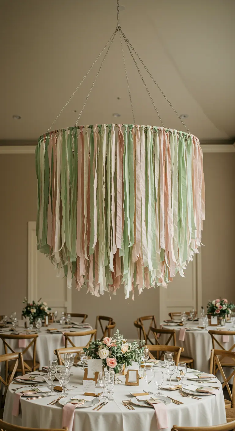 Grote, zelfgemaakte kroonluchter van groene en roze linten boven een feesttafel.