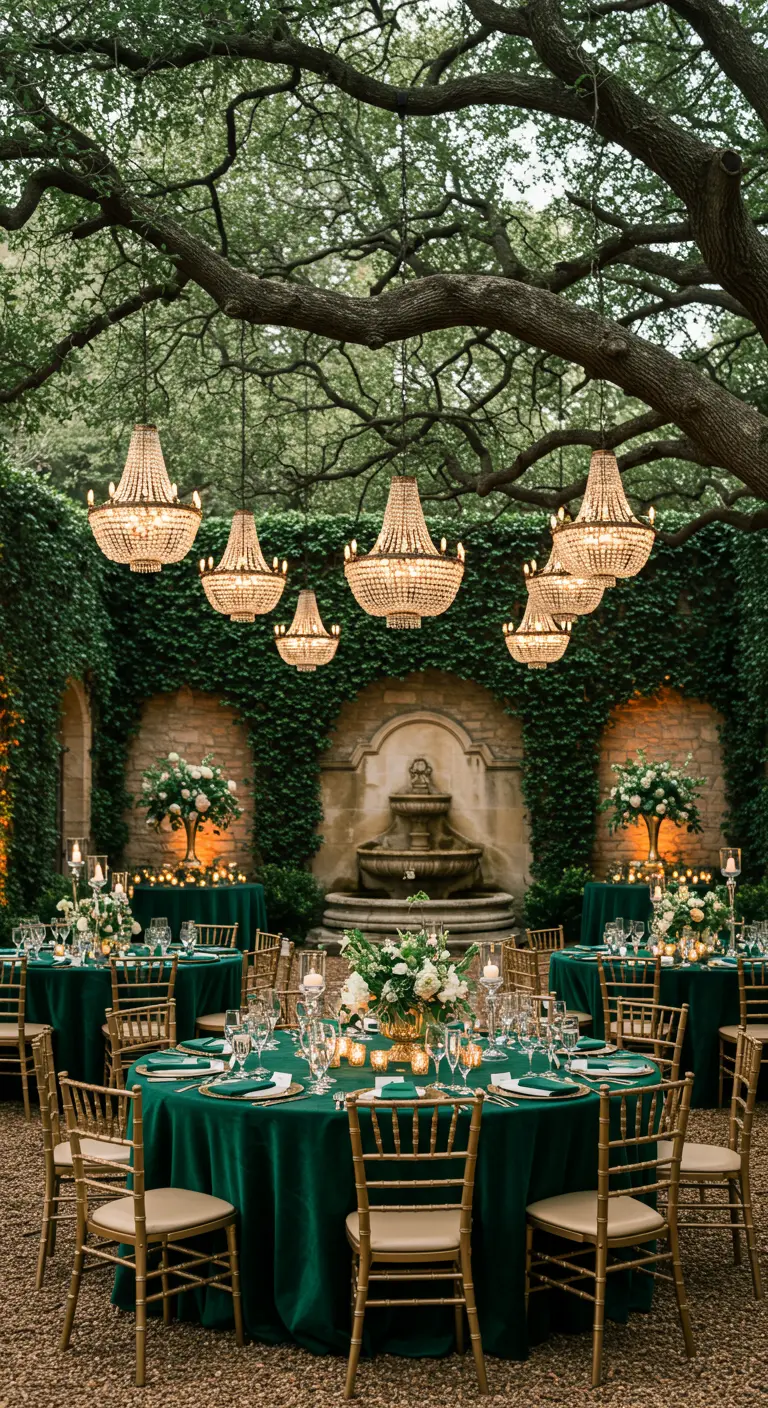 Luxe buitendiner met kroonluchters in een boom, smaragdgroene tafelkleden en gouden stoelen.
