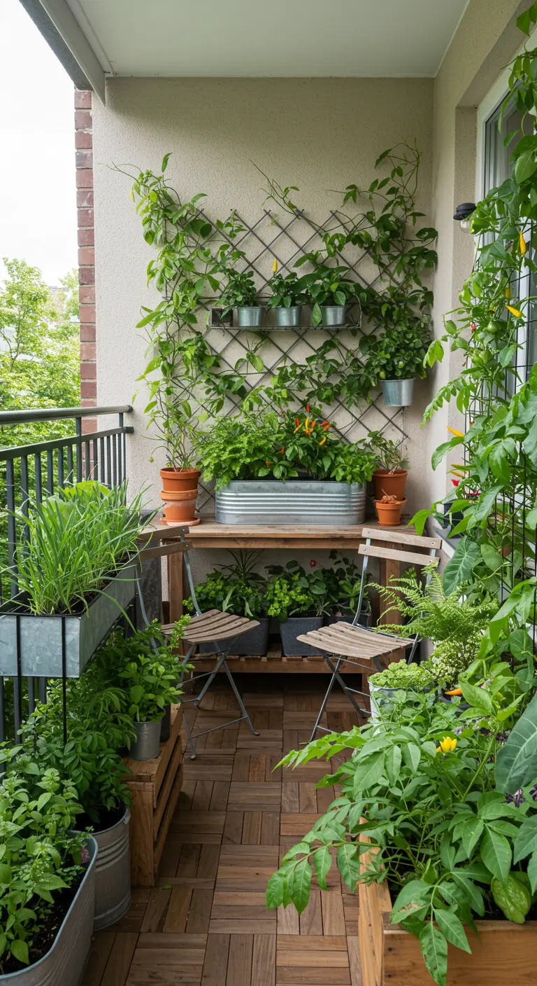Balkon met verticaal trellis vol klimplanten, kruidenbakken, houten tafeltje en stoelen.