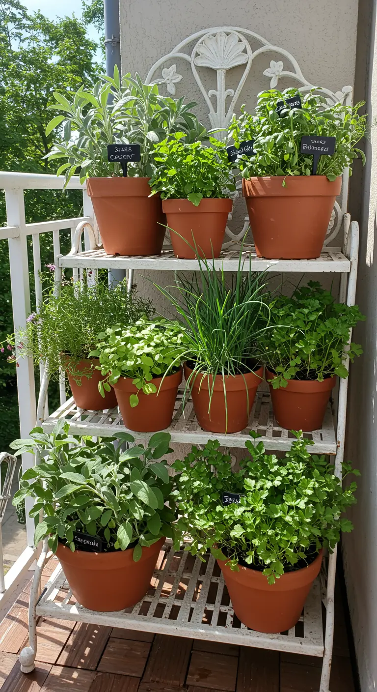Witte gietijzeren plantenstandaard vol met kruiden in terracotta potten.