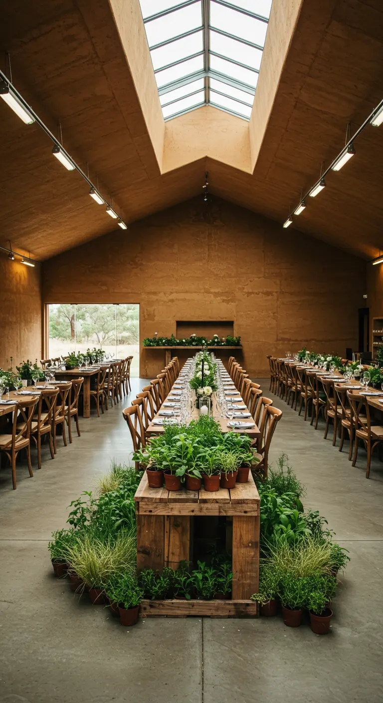 Lange dinertafels in een moderne schuur met een groot middeneiland vol met groene kruiden in potten.