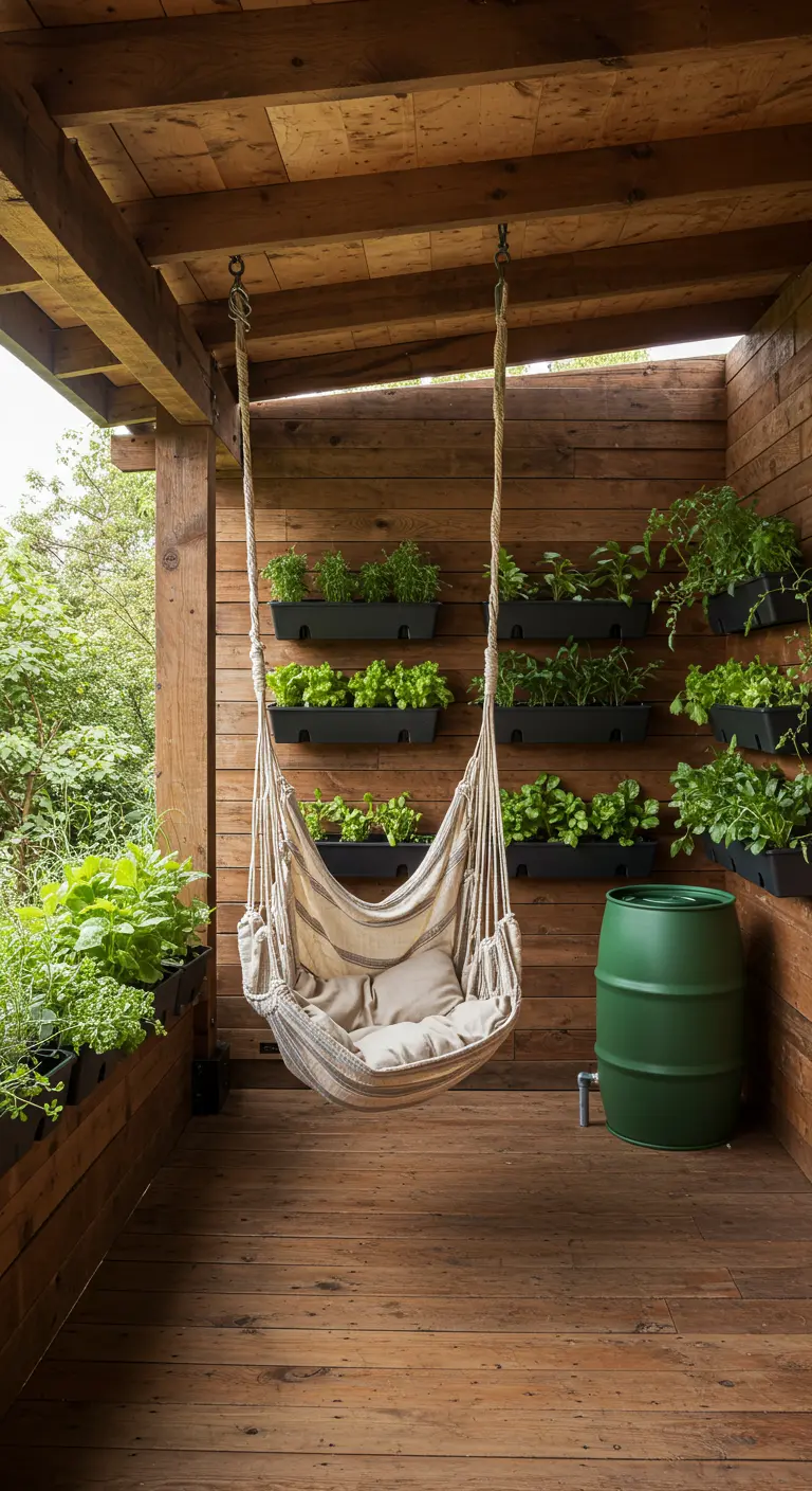 Stoffen hangmatstoel op een houten veranda met een verticale kruidentuin aan de muur.