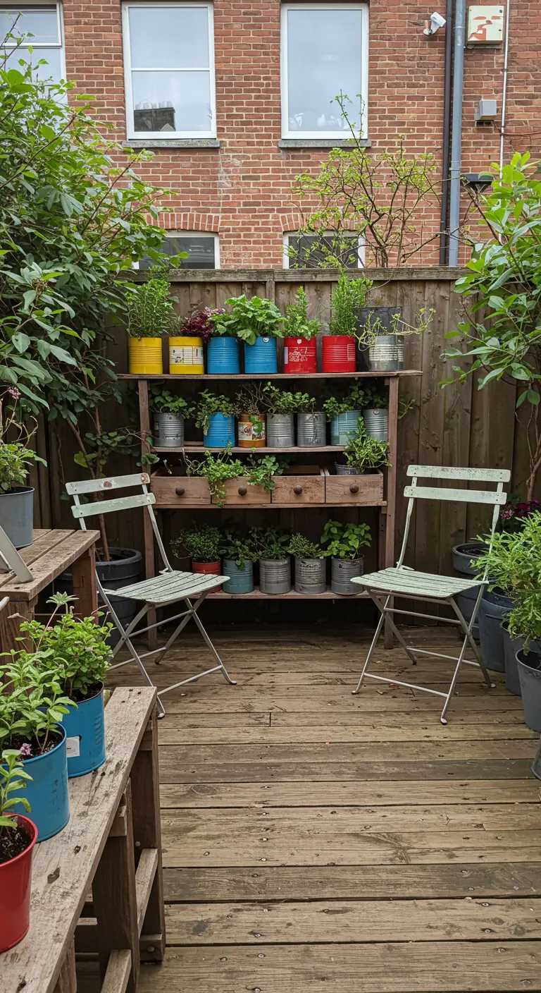 Houten stelling met kruiden in vrolijk gekleurde, gerecyclede blikken.