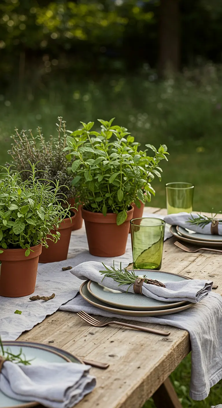 Houten tafel met potten vol verse kruiden, linnen servetten en groene glazen.