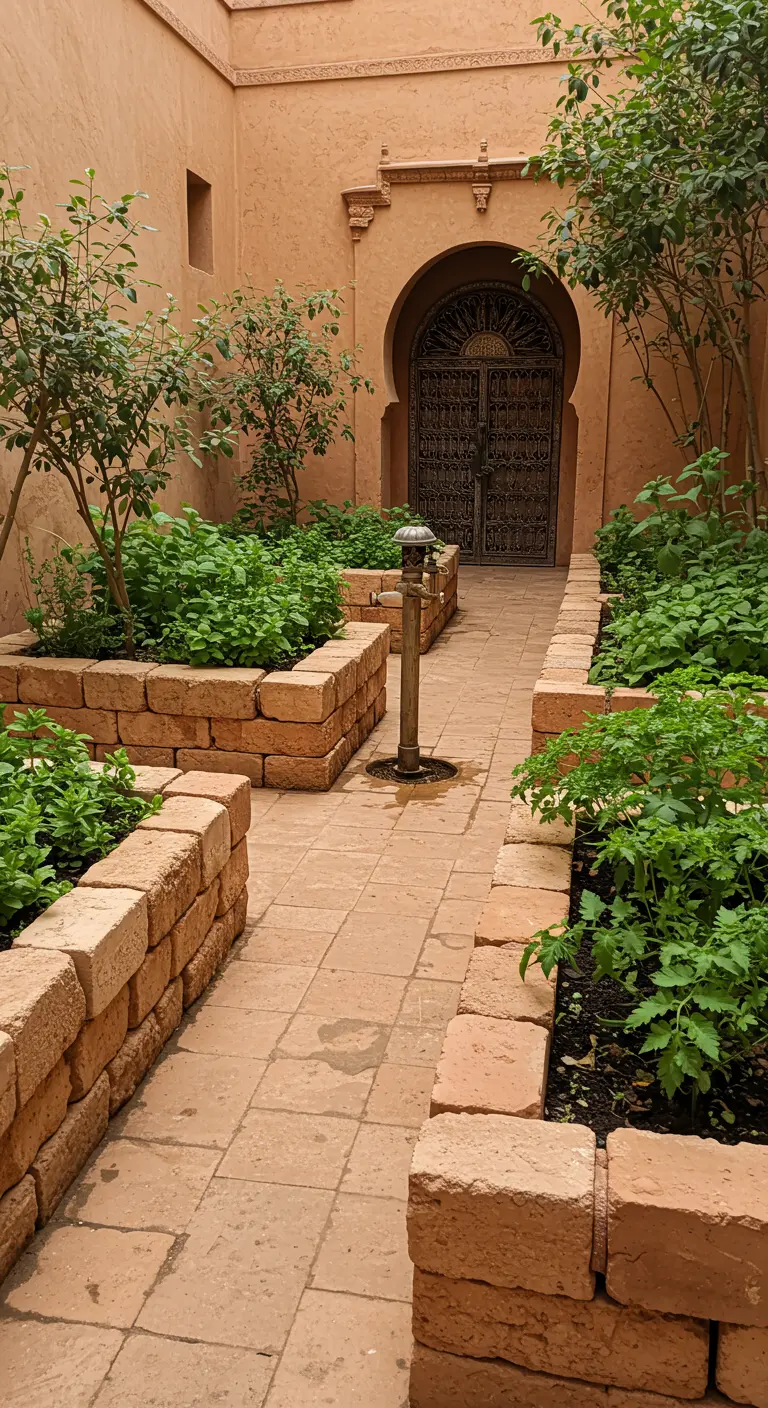 Pad met verhoogde terracotta plantenbakken vol groen, leidend naar een sierlijke Marokkaanse deur.