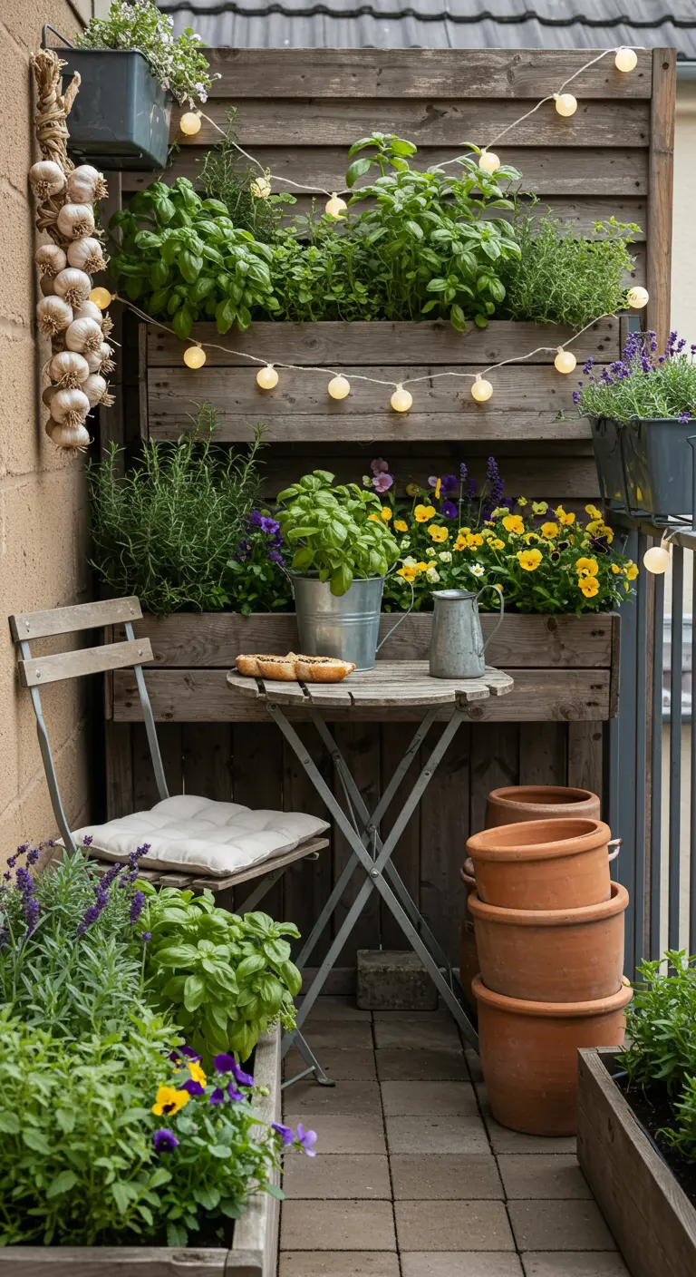 Klein balkon met verticale kruidentuin van pallets, houten meubels en terracotta potten.