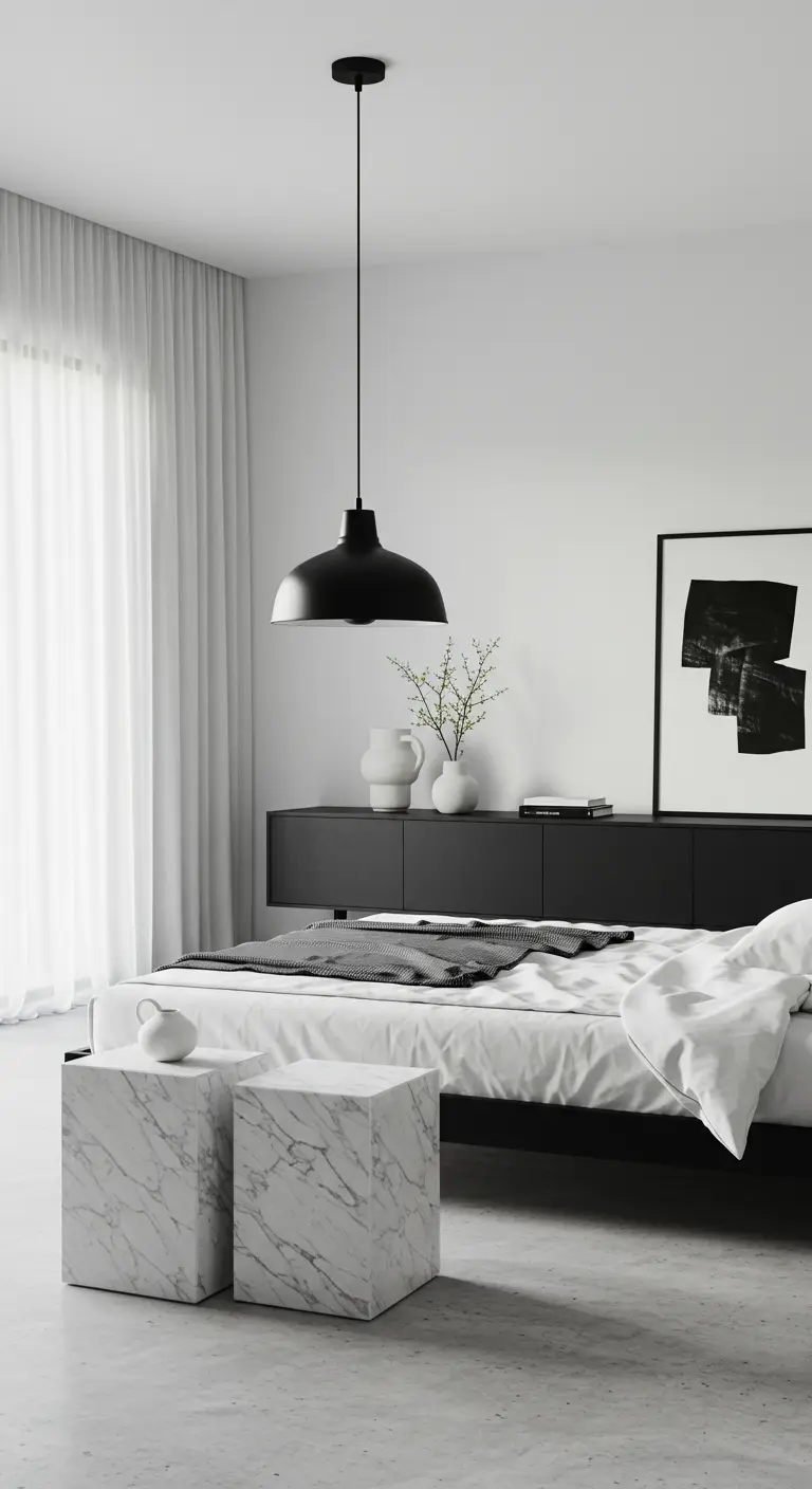 Minimalistische slaapkamer met zwart zwevend dressoir, marmeren kubus tafeltjes, zwarte hanglamp.