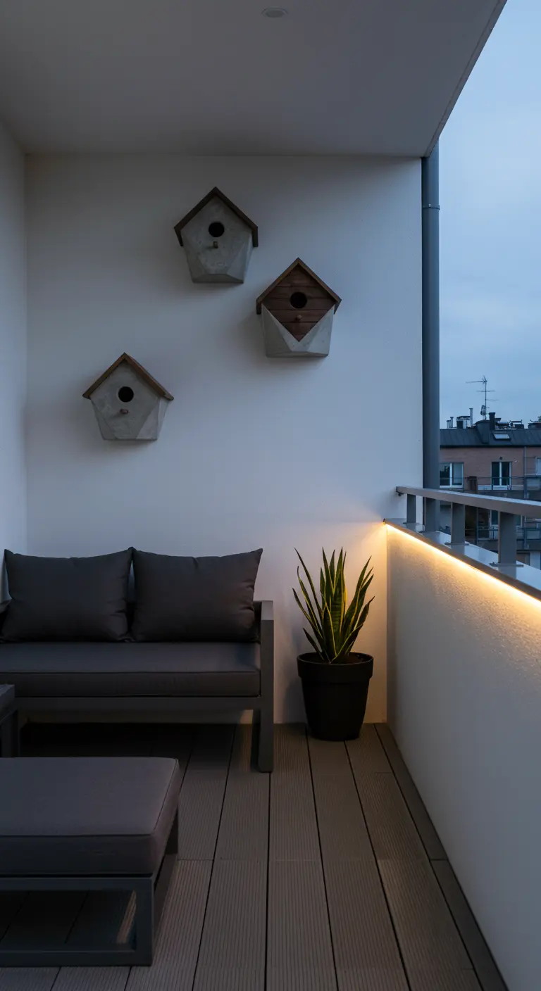 Drie moderne vogelhuisjes van beton en hout aan een strakke balkonmuur.