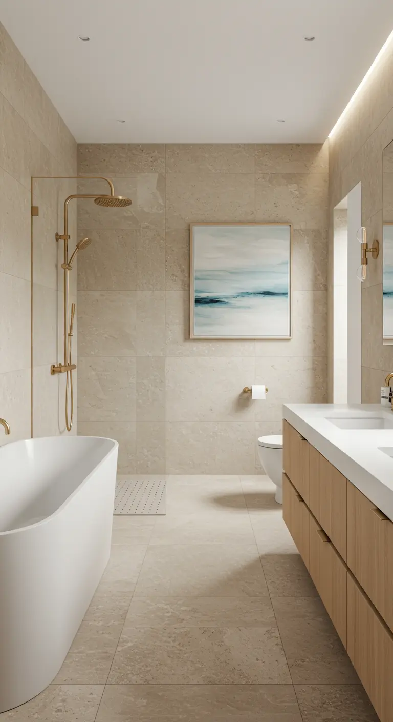 Lichte zandkleurige badkamer met een groot abstract schilderij van de zee.