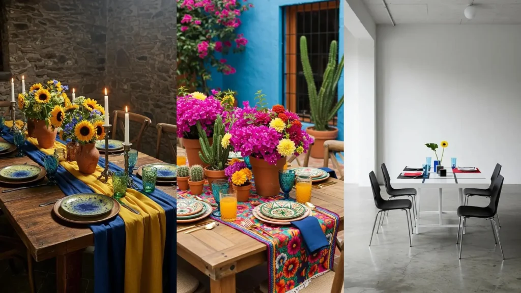 Kunst aan tafel: drie feestelijke settings geïnspireerd op schilderijen, met bloemen, levendige kleuren en decoratie.