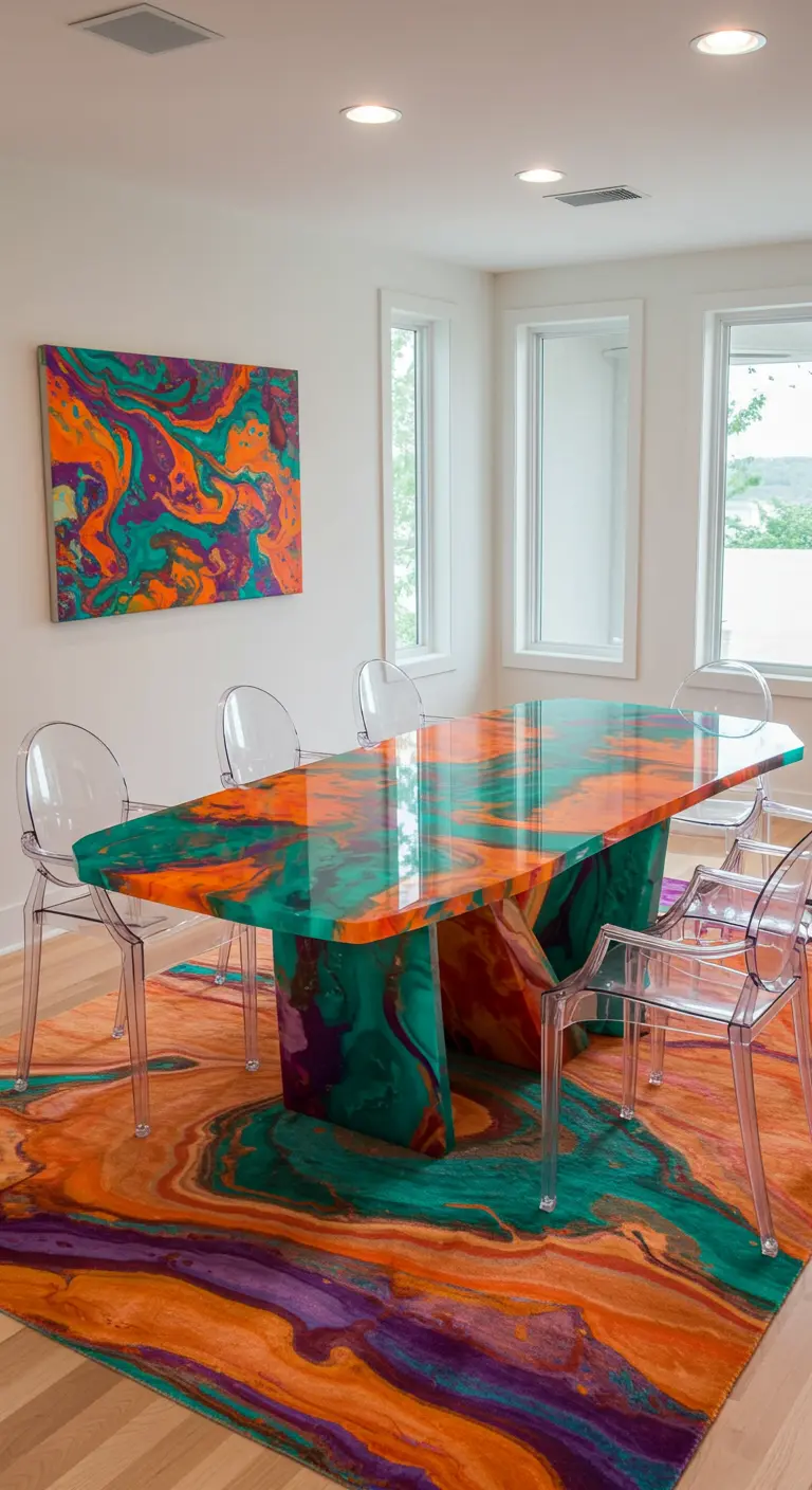 Eetkamer met abstract geschilderde tafel en vloerkleed, transparante stoelen en kunst aan de muur.