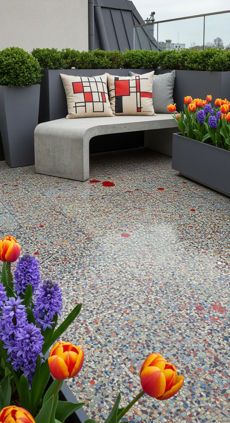 Modern dakterras met betonnen bank, Mondriaan-kussens en een kleurrijke terrazzovloer.