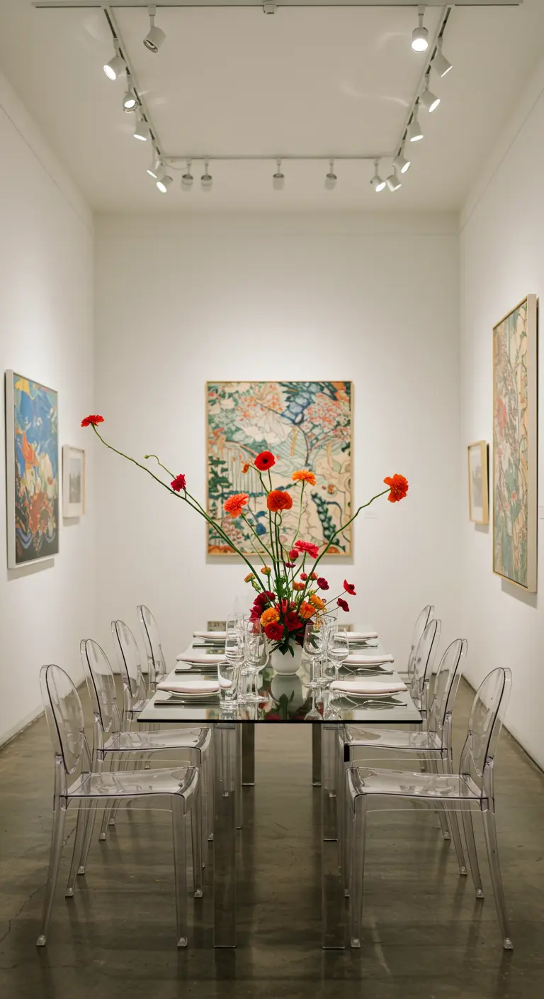 Dineropstelling in een minimalistische kunstgalerie met transparante stoelen.