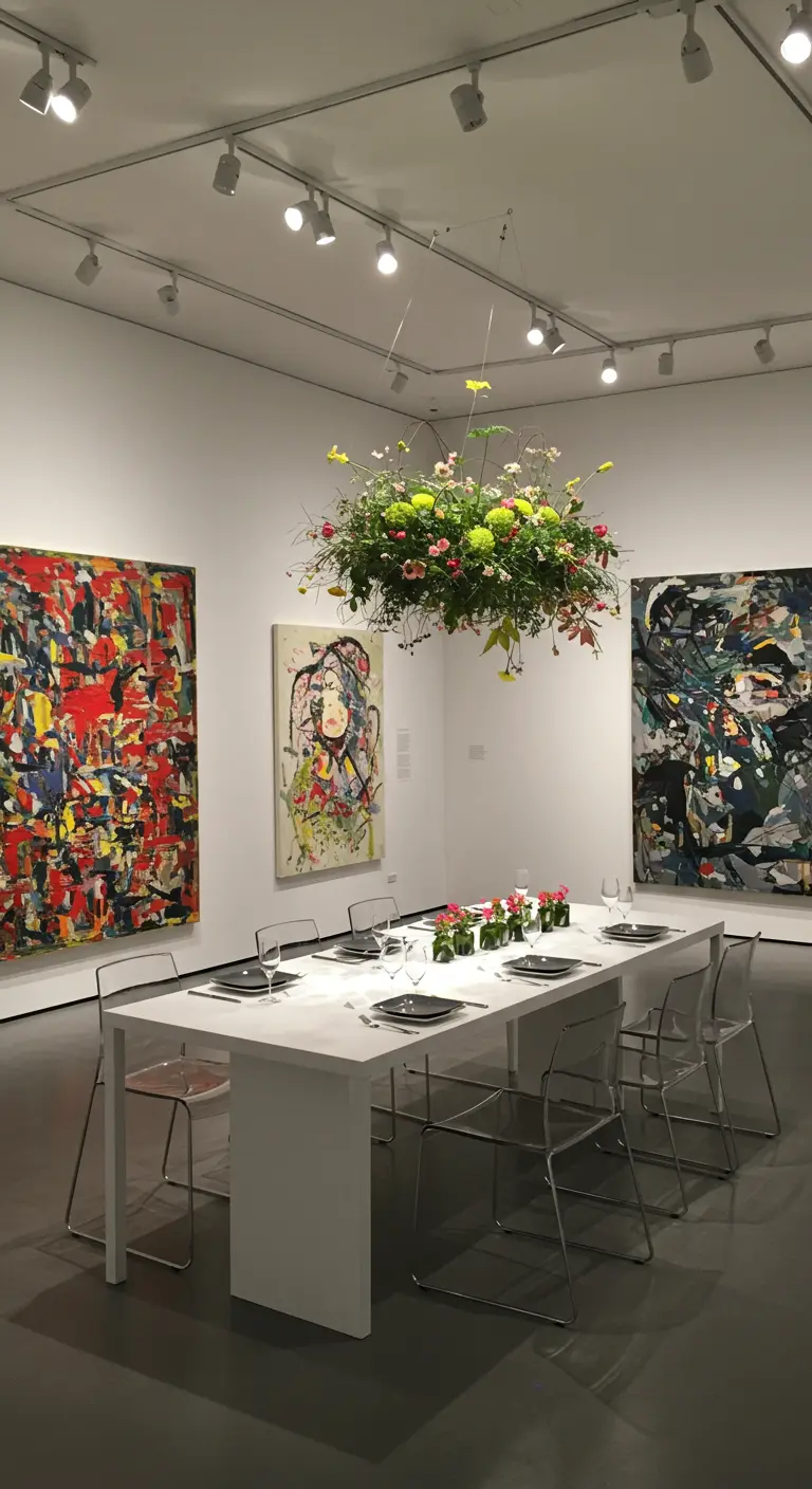 Witte, minimalistische dinertafel in een kunstgalerie met een hangende bloemeninstallatie erboven.