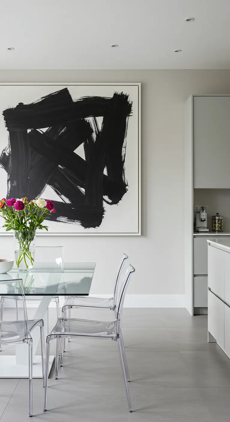Moderne eethoek met een groot abstract zwart-wit schilderij aan de muur.
