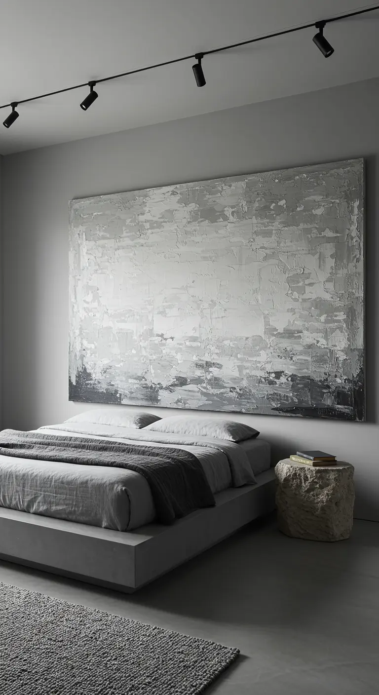 Grijze slaapkamer met een laag bed en een enorm abstract schilderij met textuur als hoofdbord.