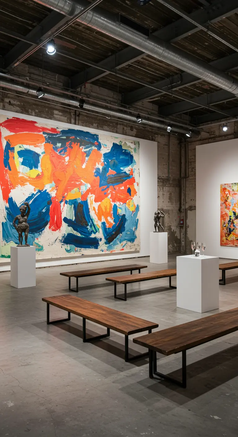 Groot abstract schilderij aan de muur van een kunstgalerie met houten banken en witte pilaren.