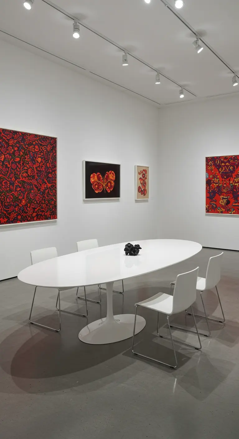 Witte eetkamer met ovale witte tafel, witte stoelen en kleurrijke kunst aan de muur.