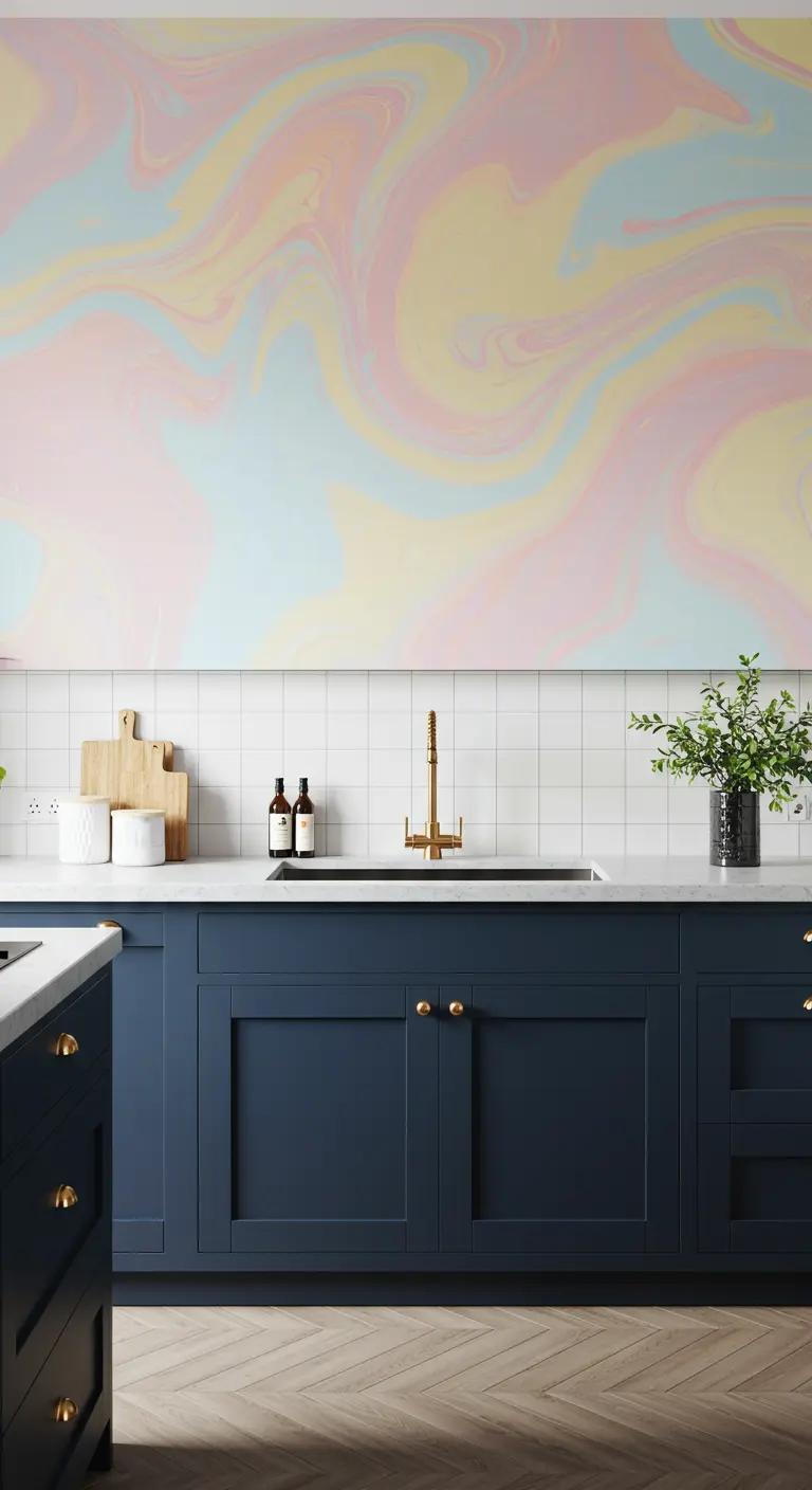 Donkerblauwe keuken met een groot, abstract kunstwerk in pastelkleuren boven het aanrecht.