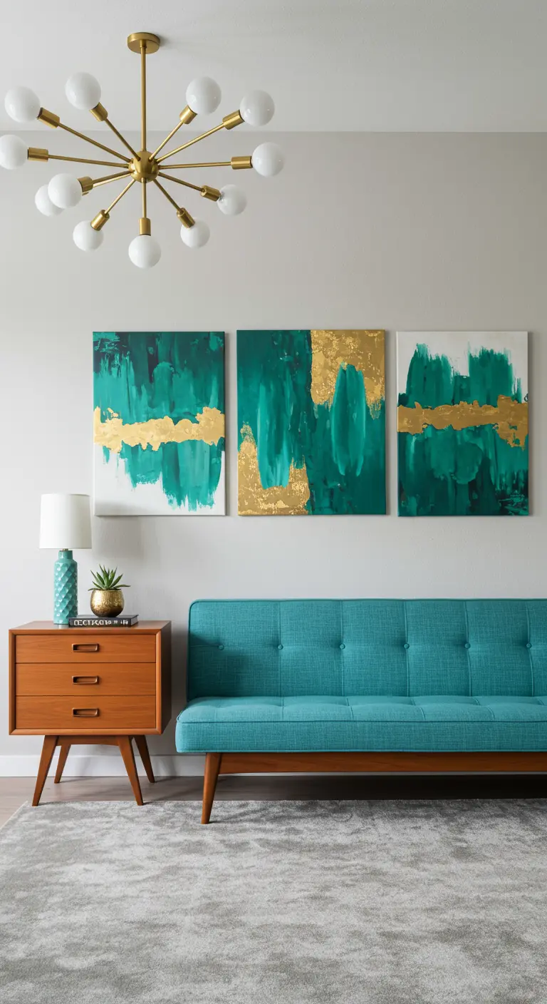 Mid-century woonkamer met turquoise bank, houten dressoir en abstracte kunst in groen en goud.