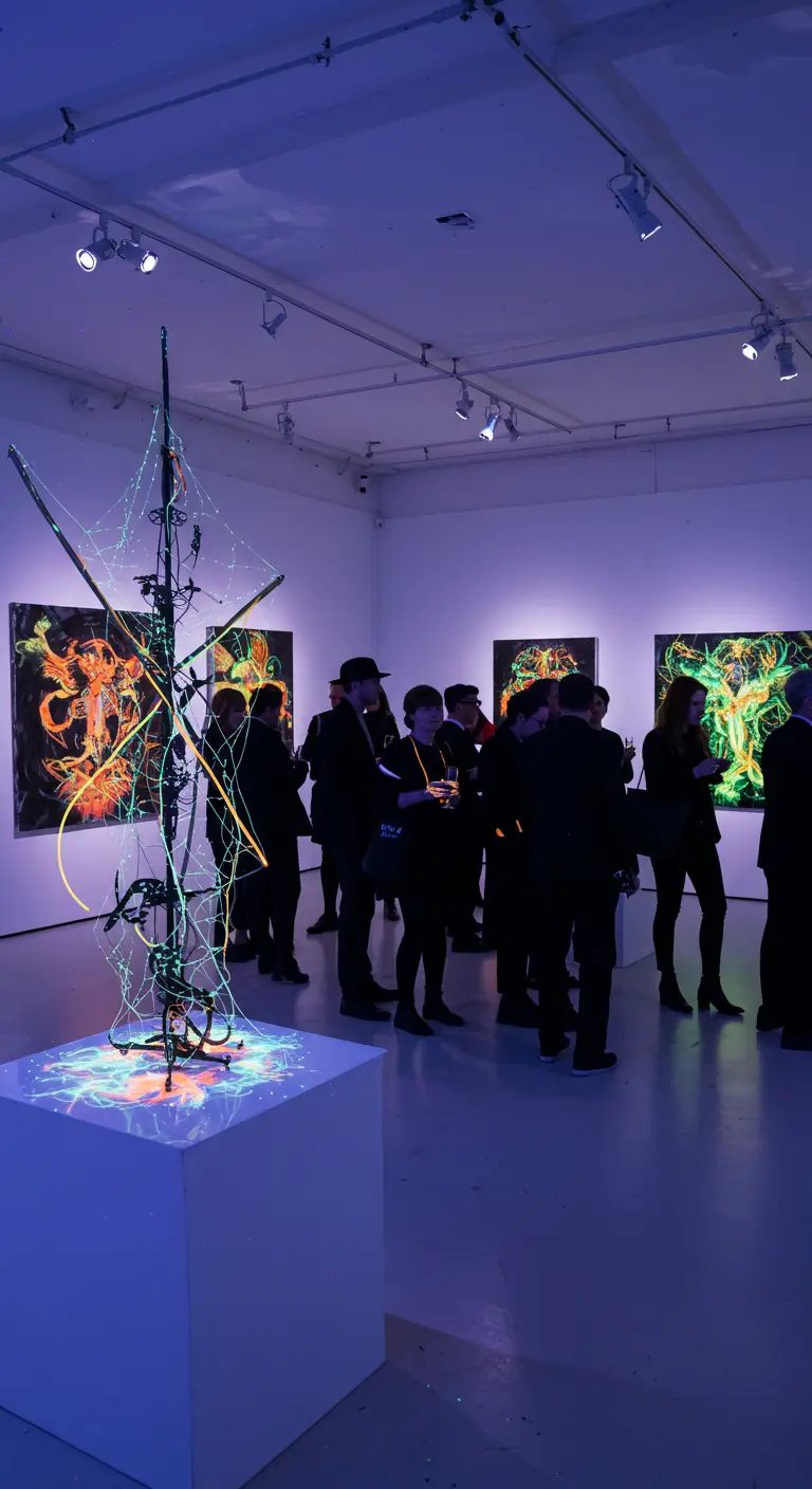 Kunstgalerie met een oplichtend, abstract sculptuur.