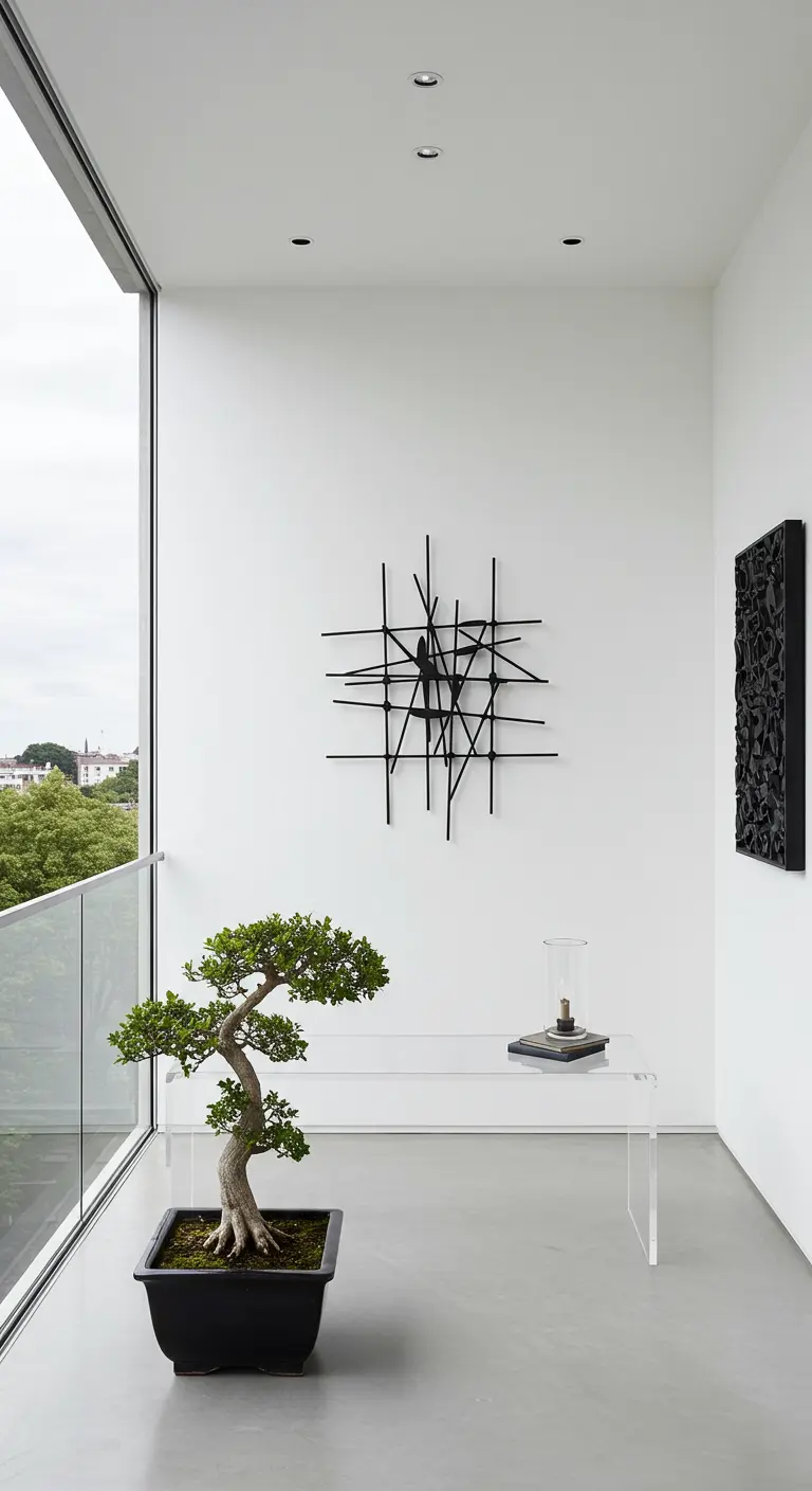 Strak wit balkon met een bonsaiboompje op een doorzichtige tafel en zwarte kunst aan de muur.